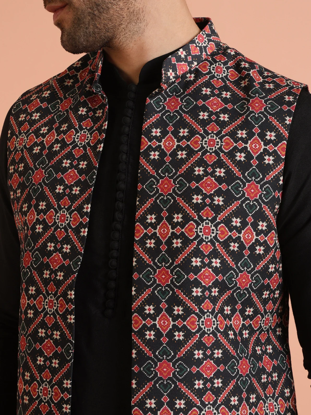 Black Multicolor Cotton Blend Printed Mid Kurta Front Open Jacket Wide Leg Trouser Set - Image 4