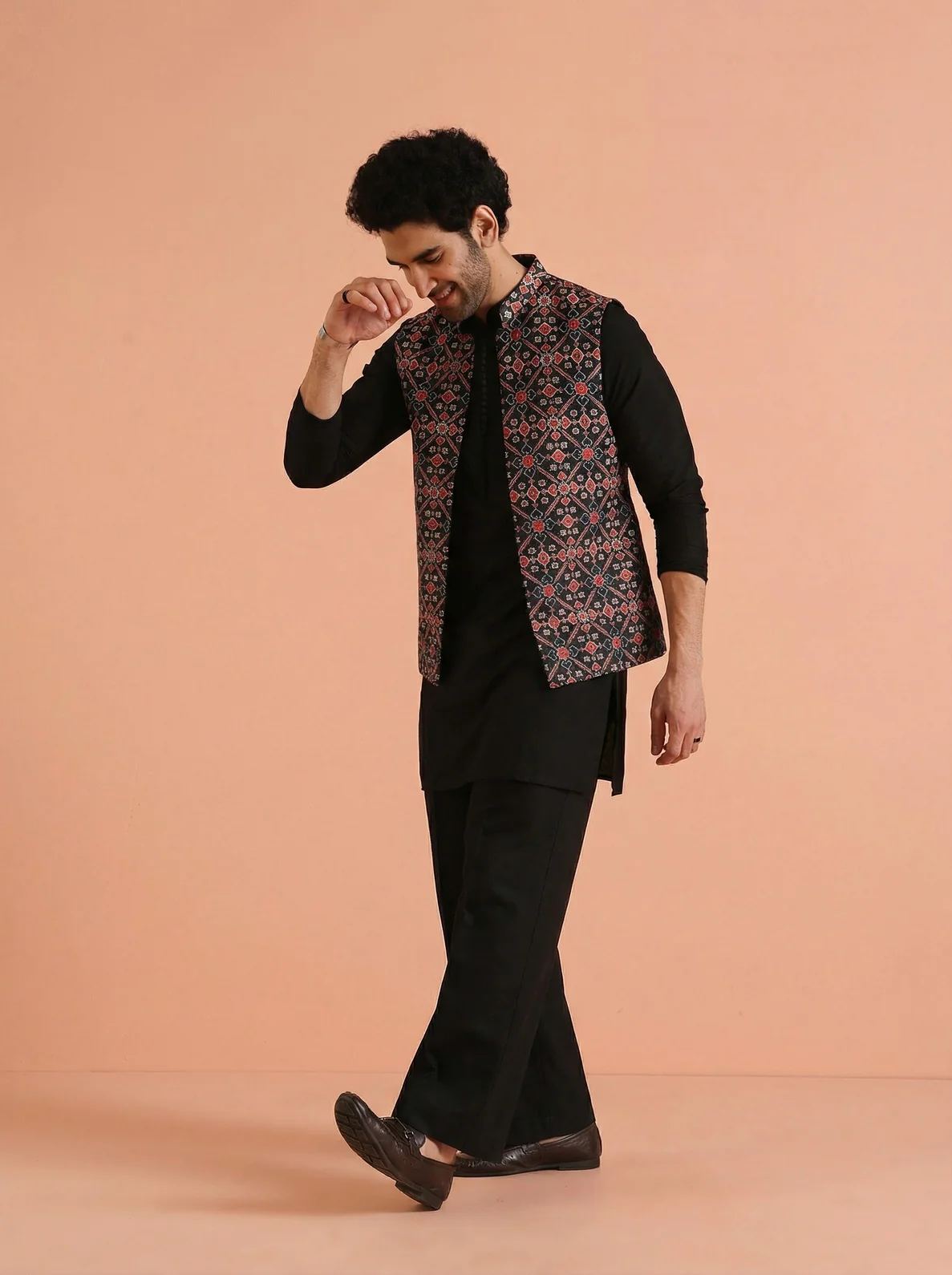 Black Multicolor Cotton Blend Printed Mid Kurta Front Open Jacket Wide Leg Trouser Set - Image 6