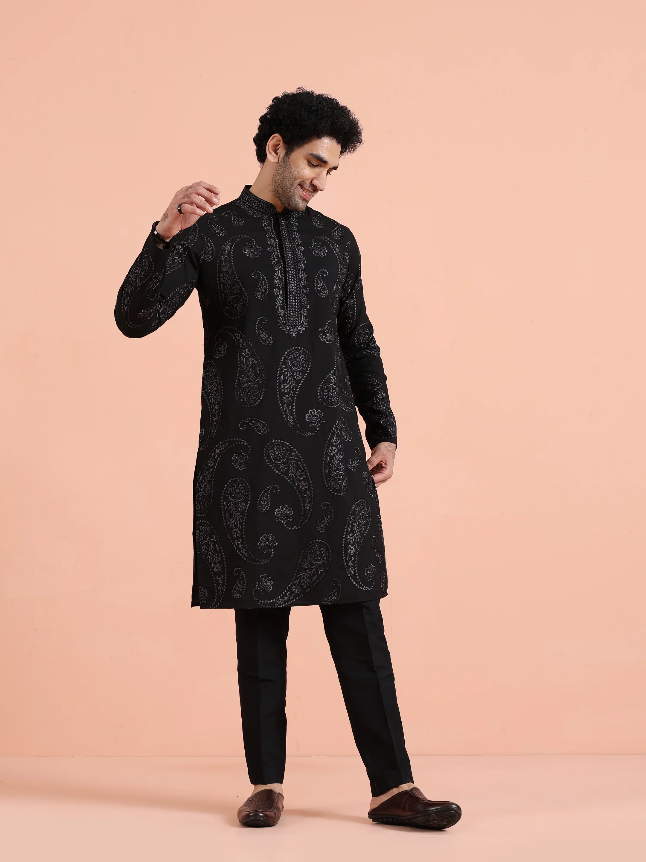 Black Paisley Embroidered Kurta Set