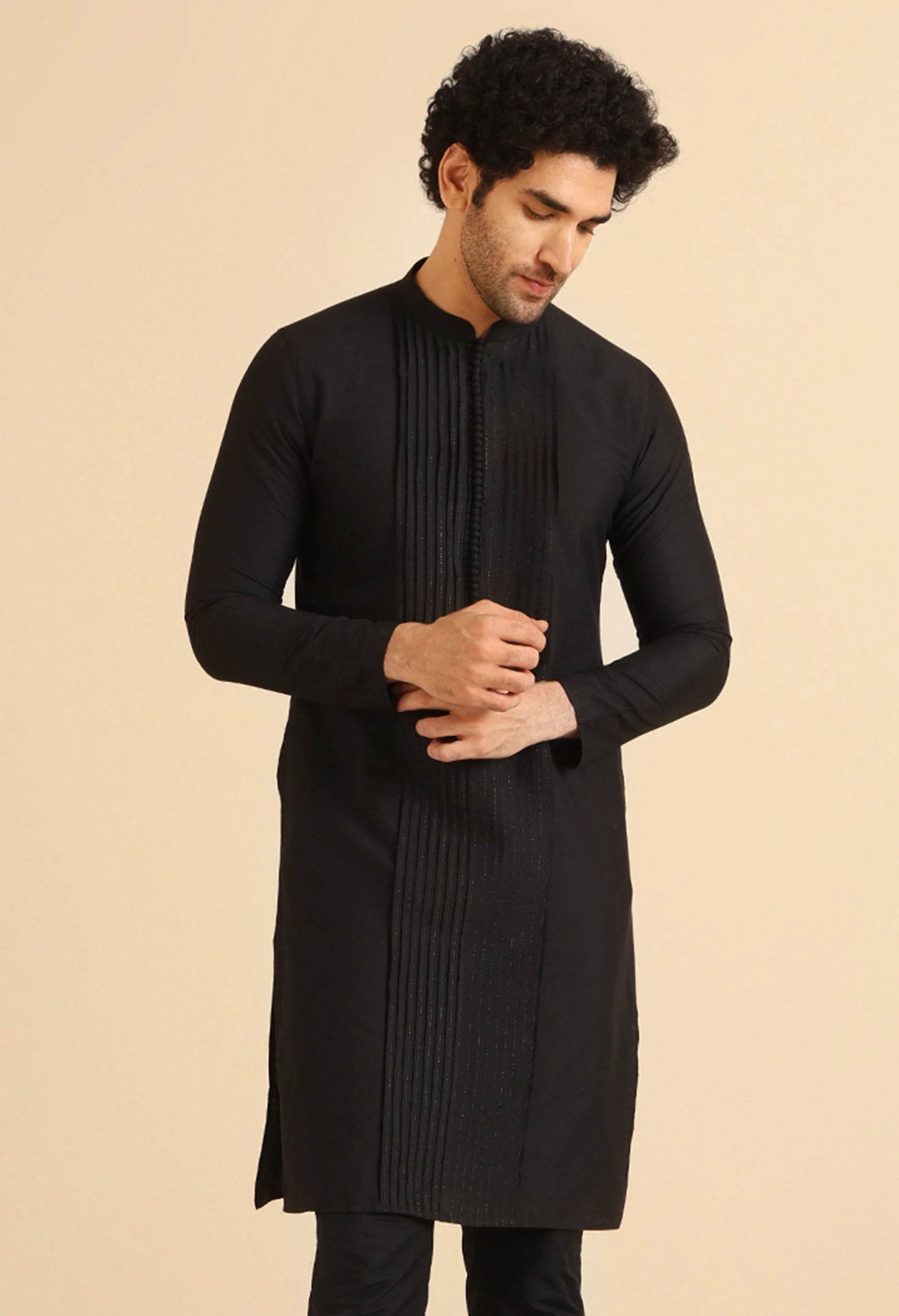 Black Pintuck Cotton Silk Kurta - Image 2