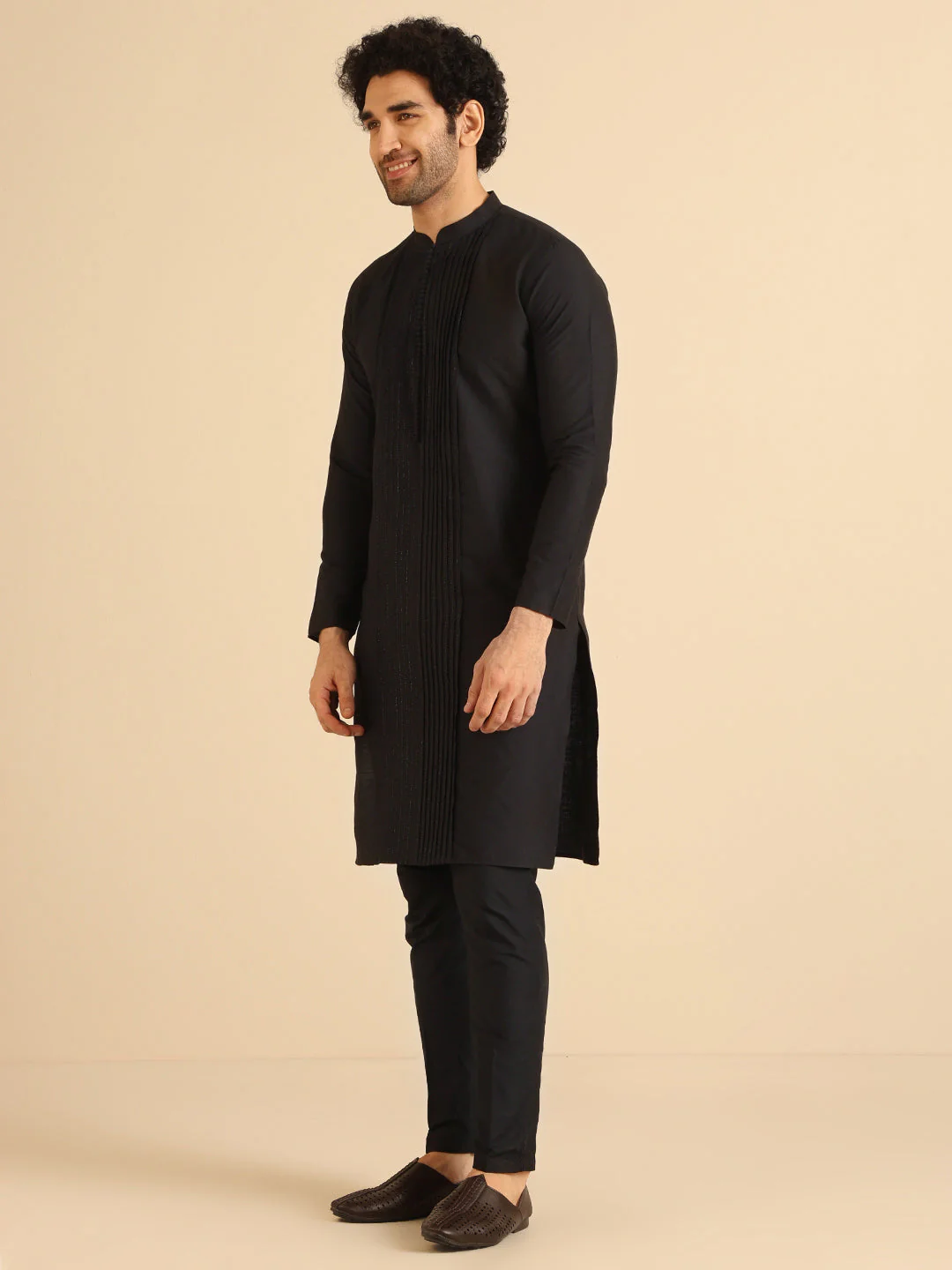 Black Pintuck Cotton Silk Kurta - Image 4