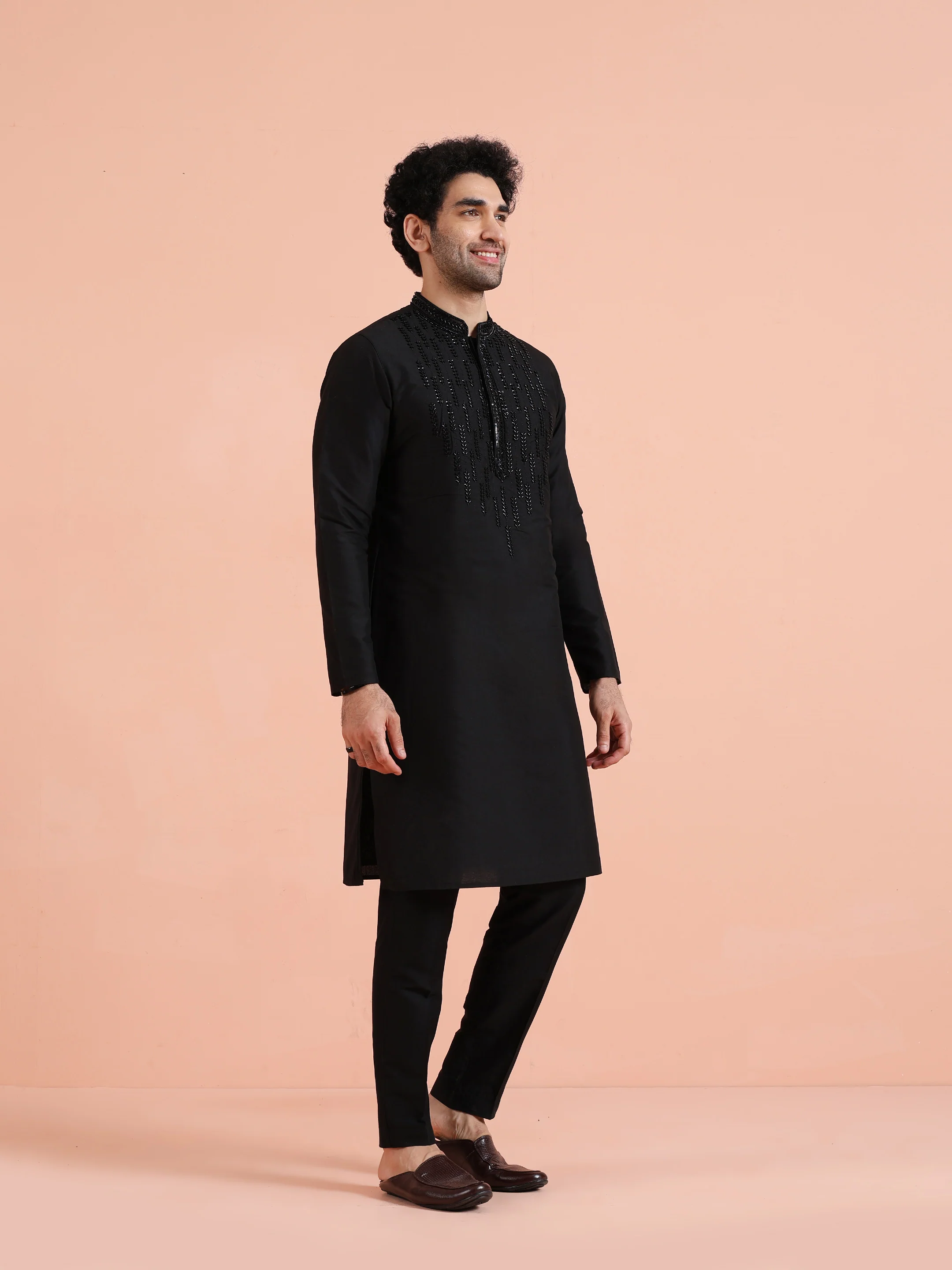 Black Poly Silk Embellished Kurta Trouser Set - Image 3
