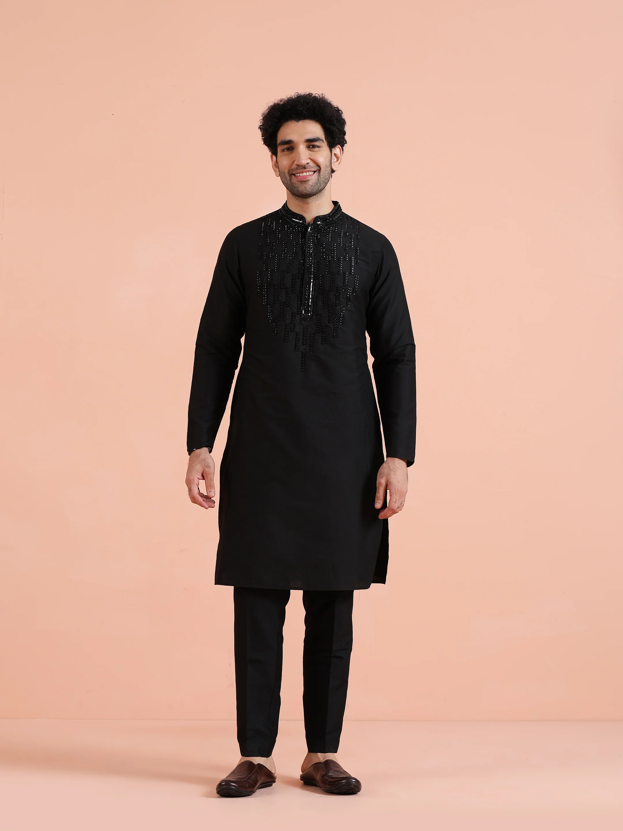Black Poly Silk Embellished Kurta Trouser Set - Image 7
