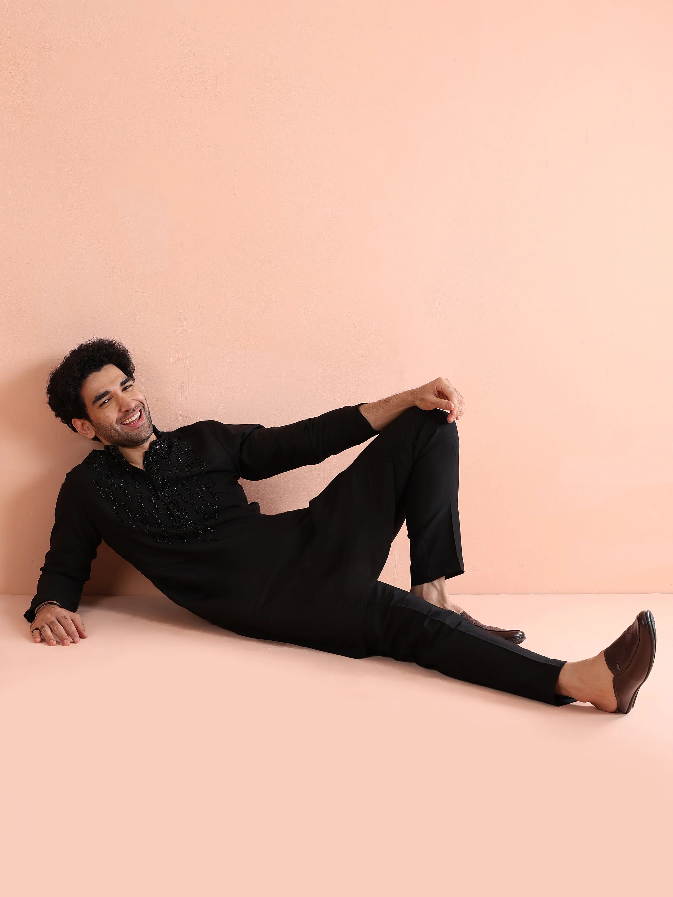 Black Poly Silk Embellished Kurta Trouser Set - Image 8