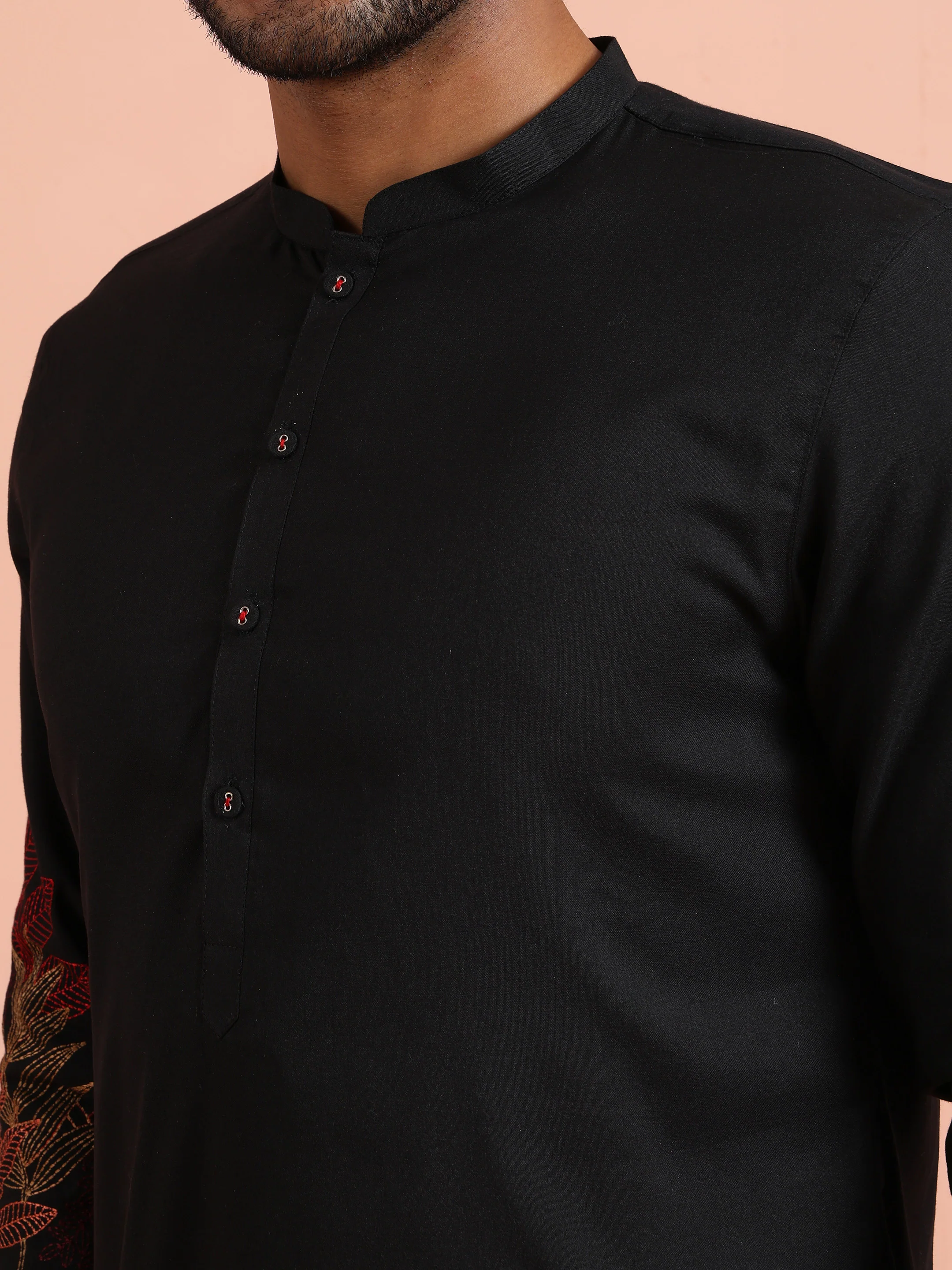 Black Poly Silk Embroidered Kurta Trouser Set - Image 5