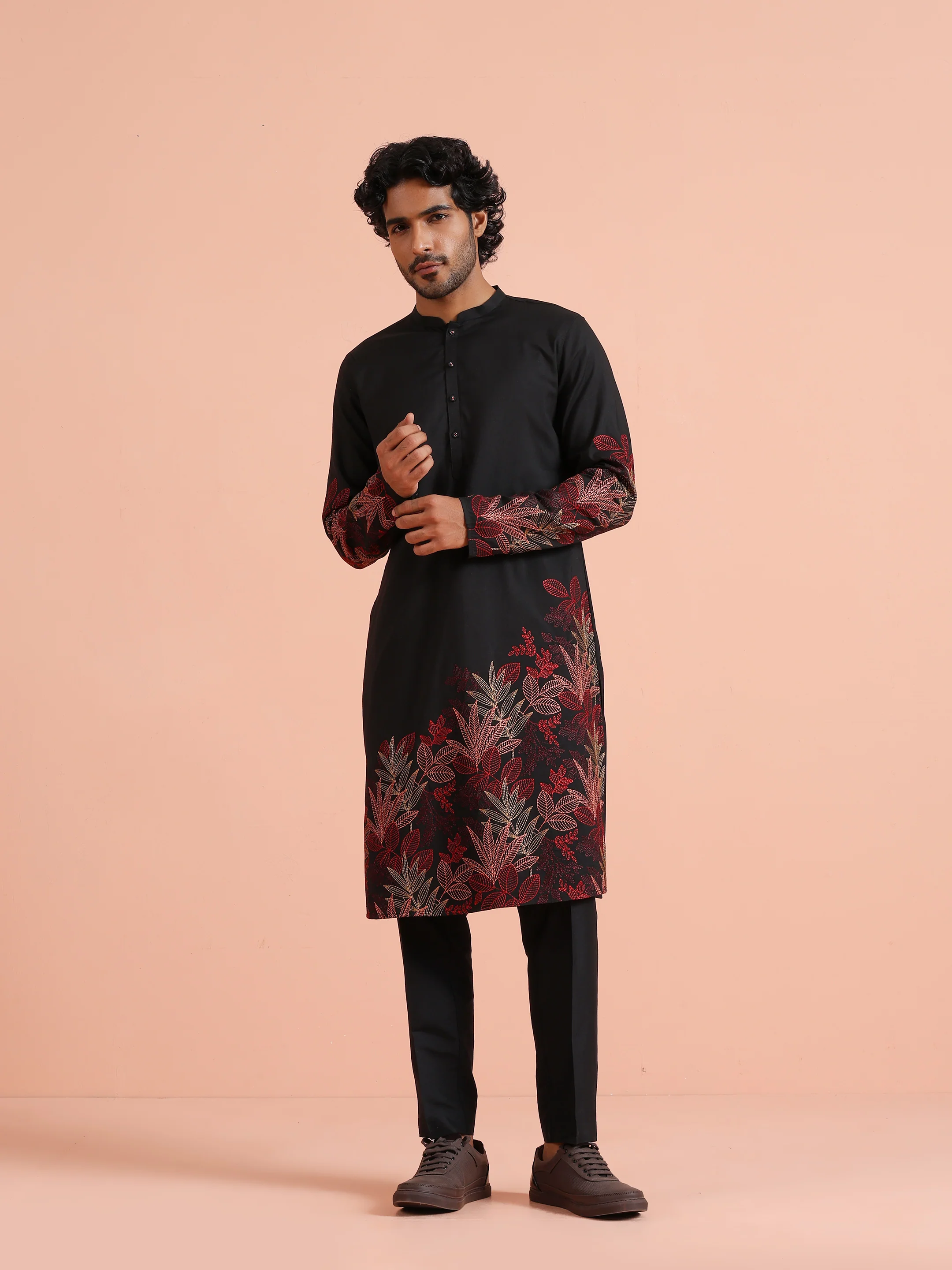 Black Poly Silk Embroidered Kurta Trouser Set - Image 8