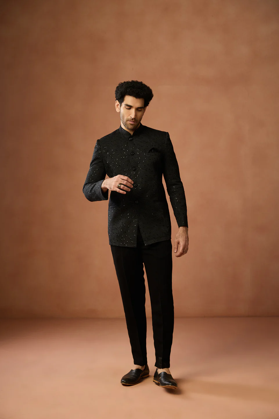 Black Embellished Silk Blend Bandhgala - Image 7