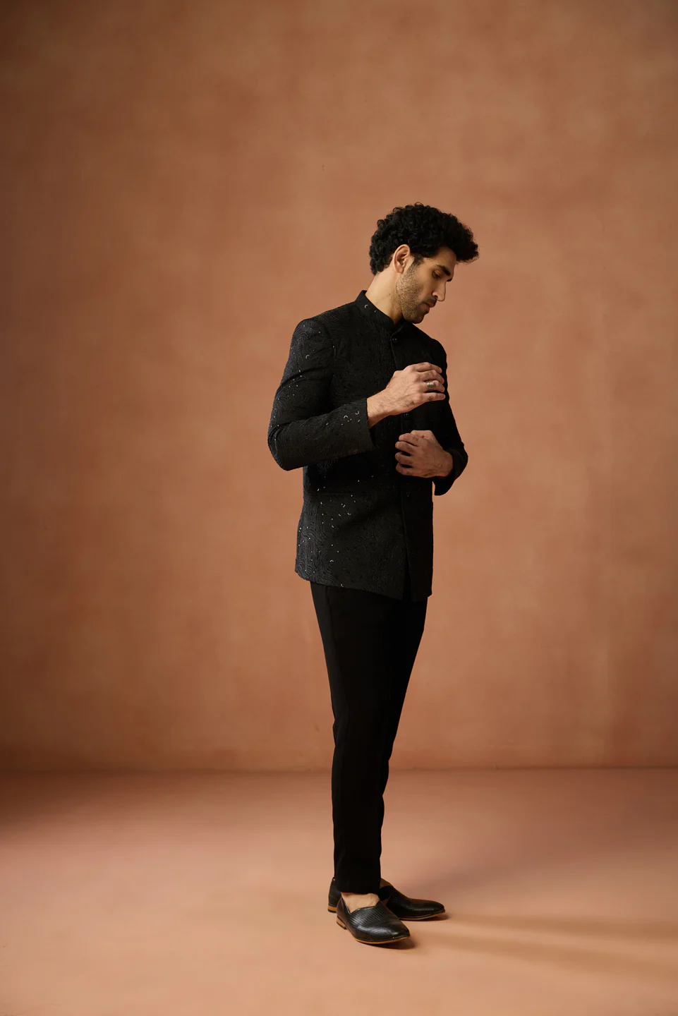 Black Silk Textured Embroidered Bandhgala Trouser Set - Image 3