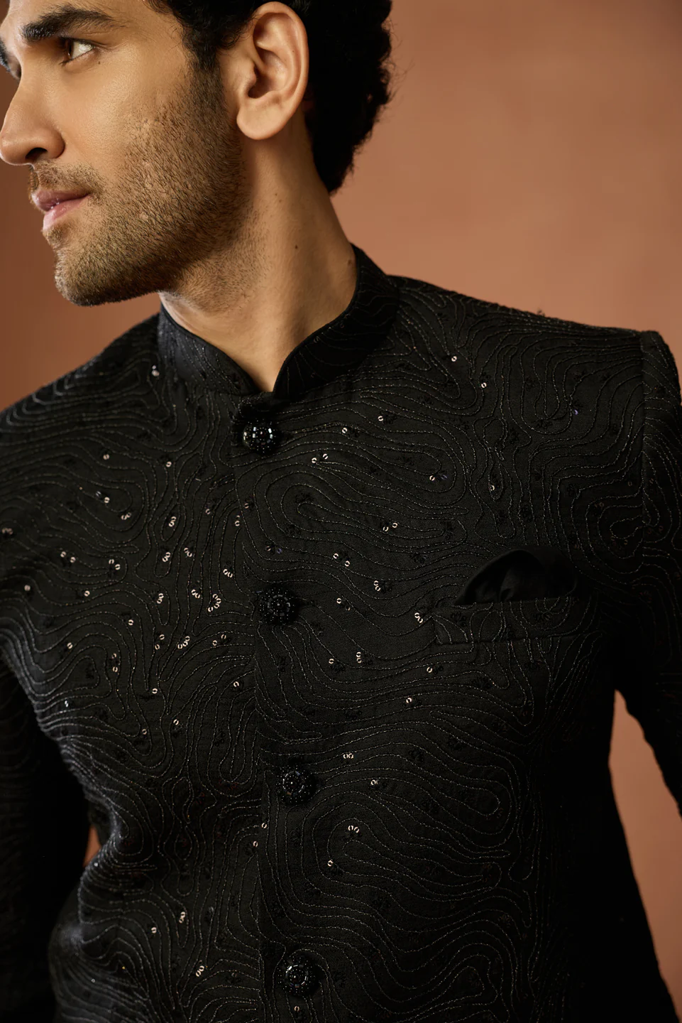 Black Silk Textured Embroidered Bandhgala Trouser Set - Image 5