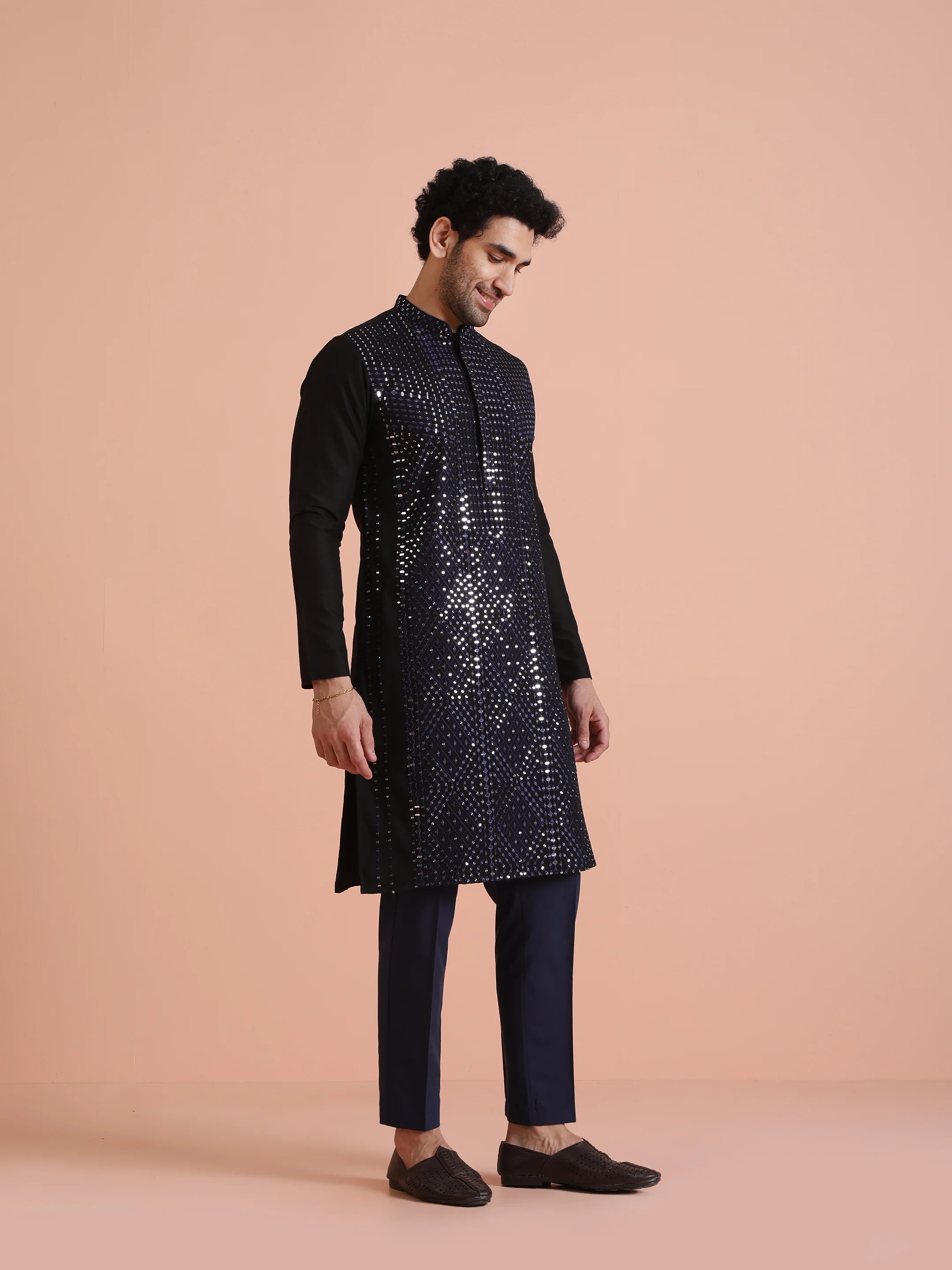 Black Poly Silk Mirror Work Kurta - Image 2
