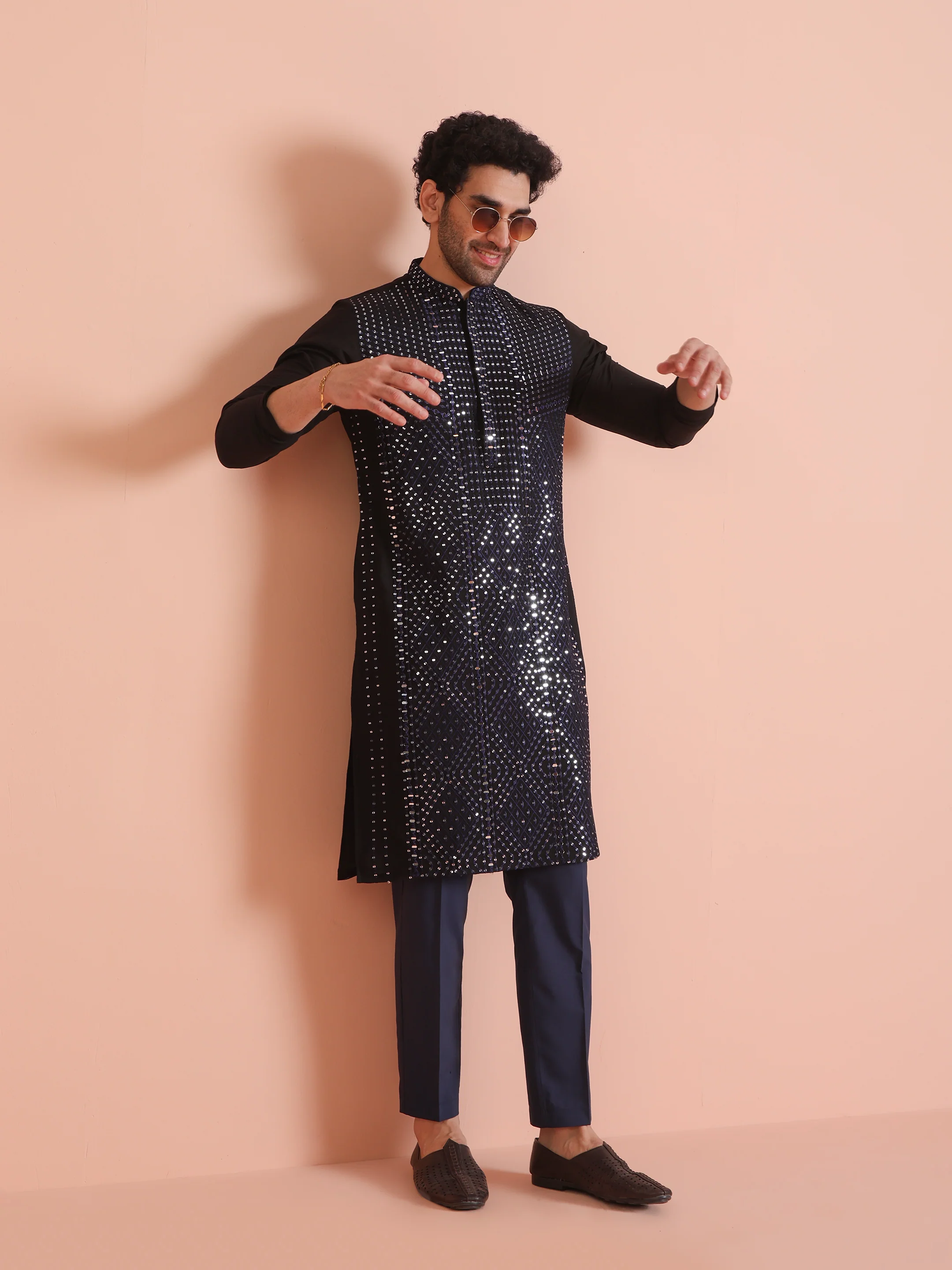 Black Poly Silk Mirror Work Kurta - Image 7