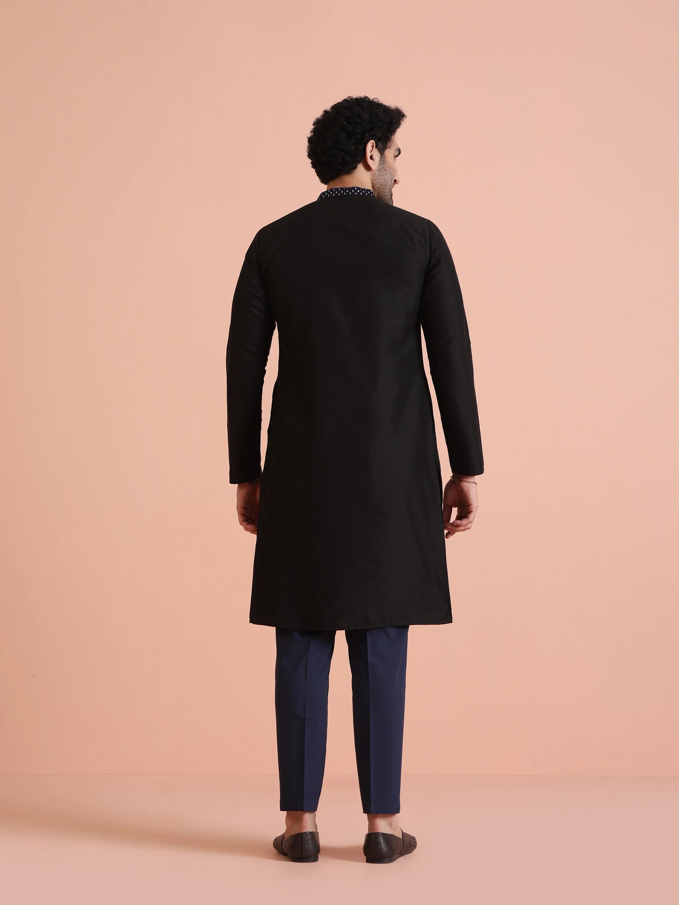 Black Poly Silk Mirror Work Kurta Trouser Set - Image 4