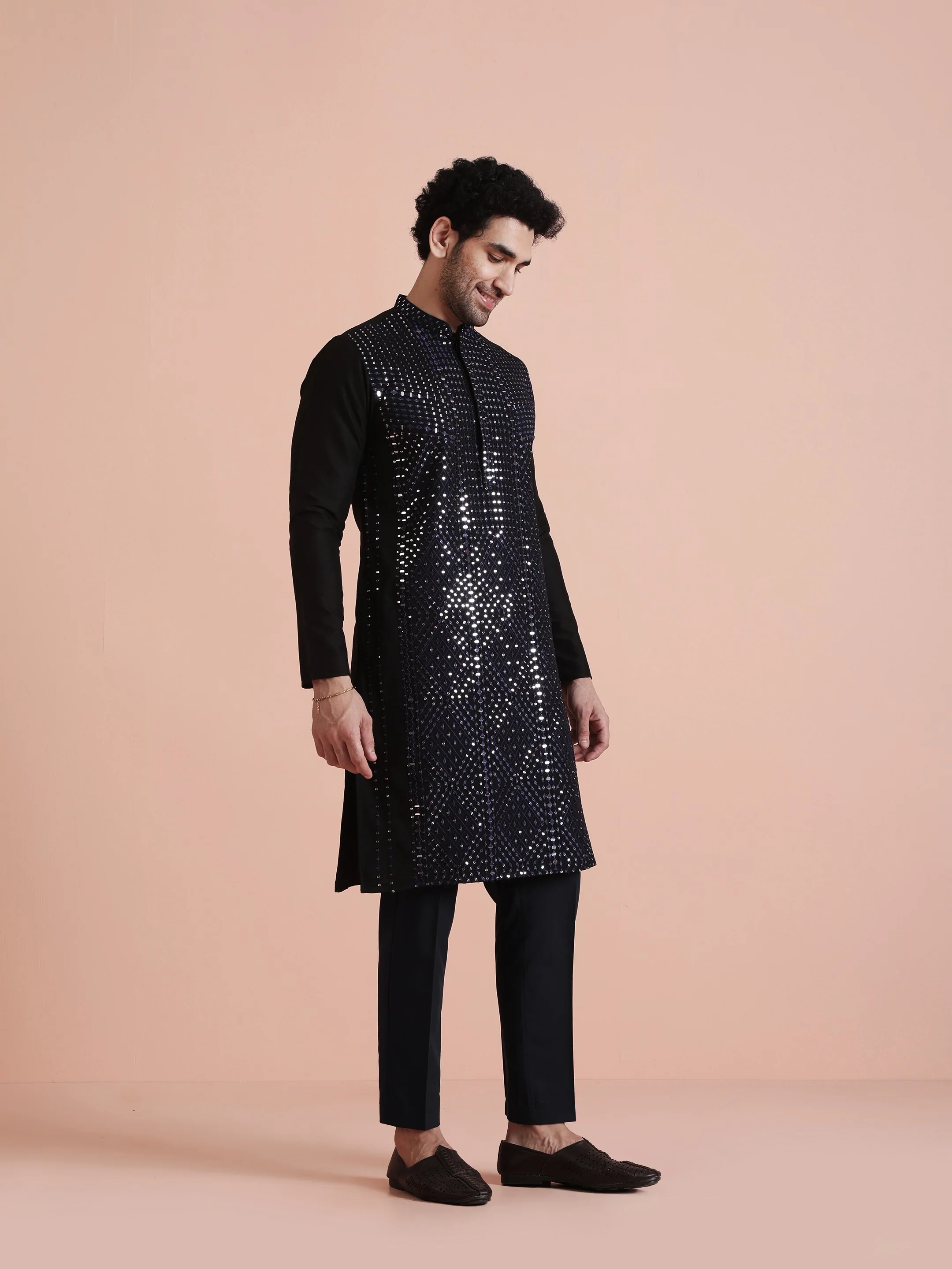 Black Poly Silk Mirror Work Kurta Trouser Set - Image 3