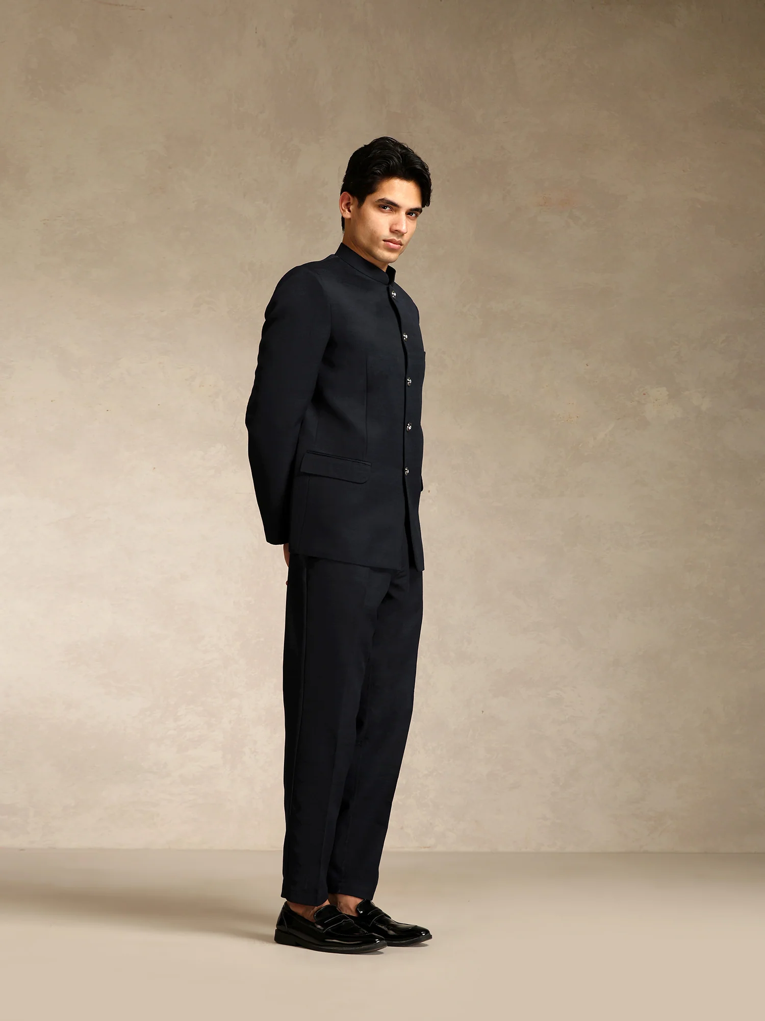 Black Poly Viscose Solid Bandhgala Trouser Set - Image 2