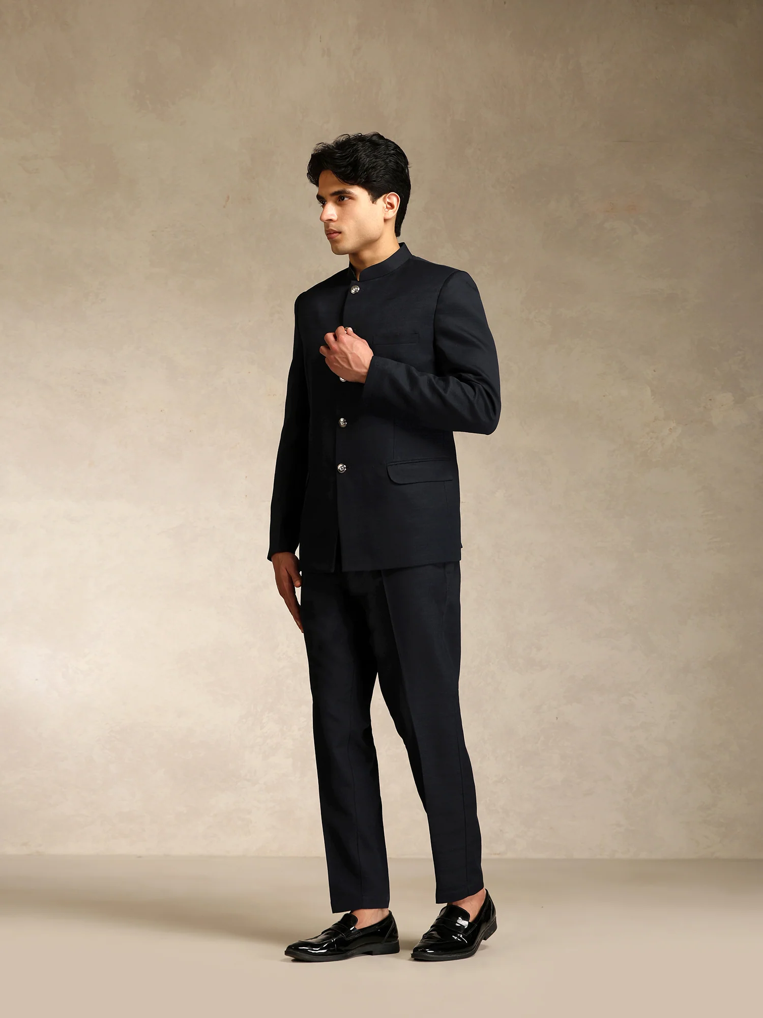 Black Poly Viscose Solid Bandhgala Trouser Set - Image 3