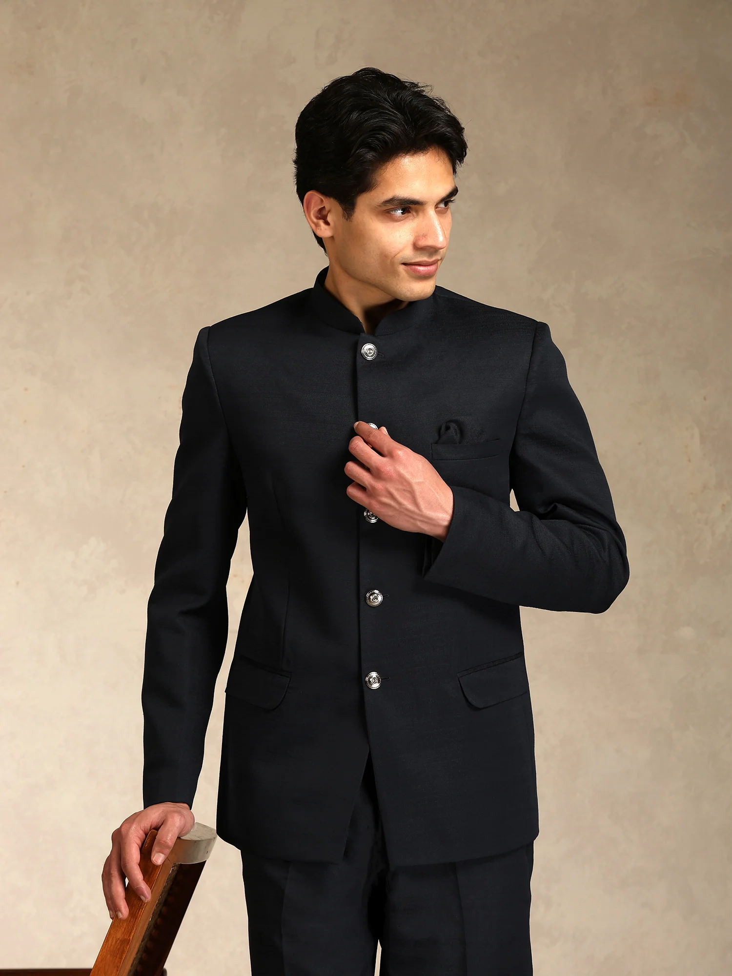 Black Poly Viscose Solid Bandhgala Trouser Set - Image 7