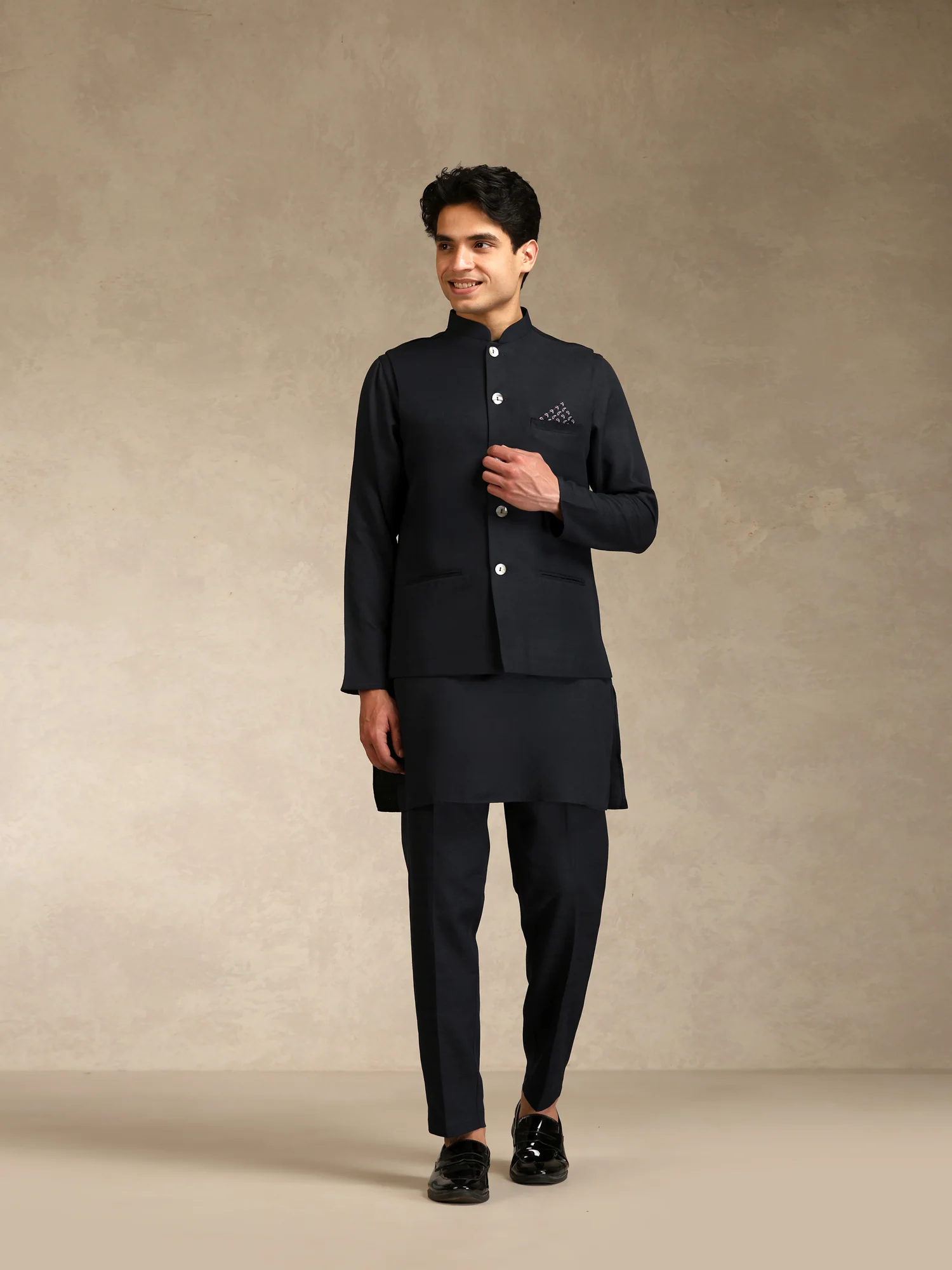 Black Poly Viscose Solid Mid Kurta Jacket Trouser Set