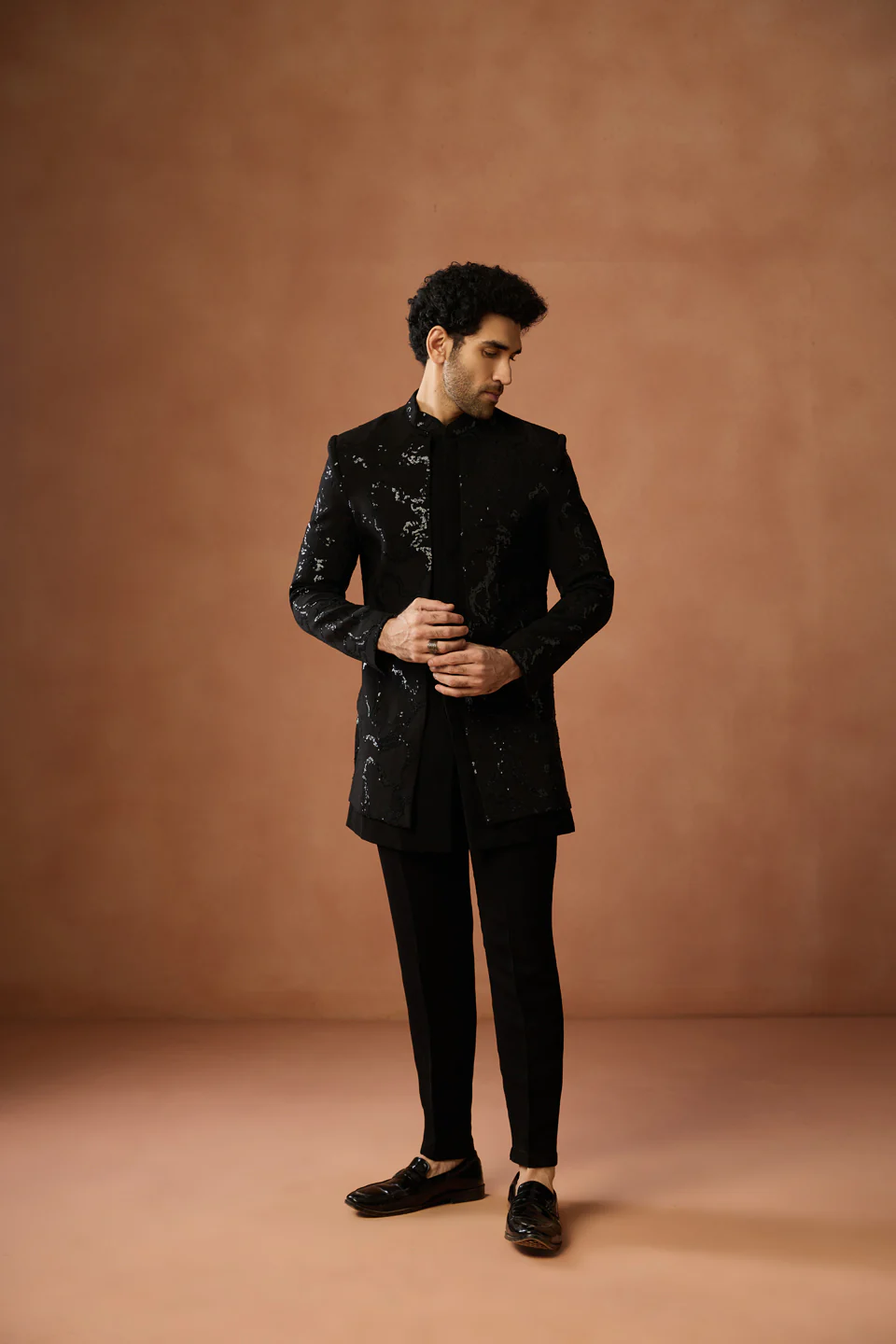 Black Velvet Sequin Short Sherwani Trouser Set