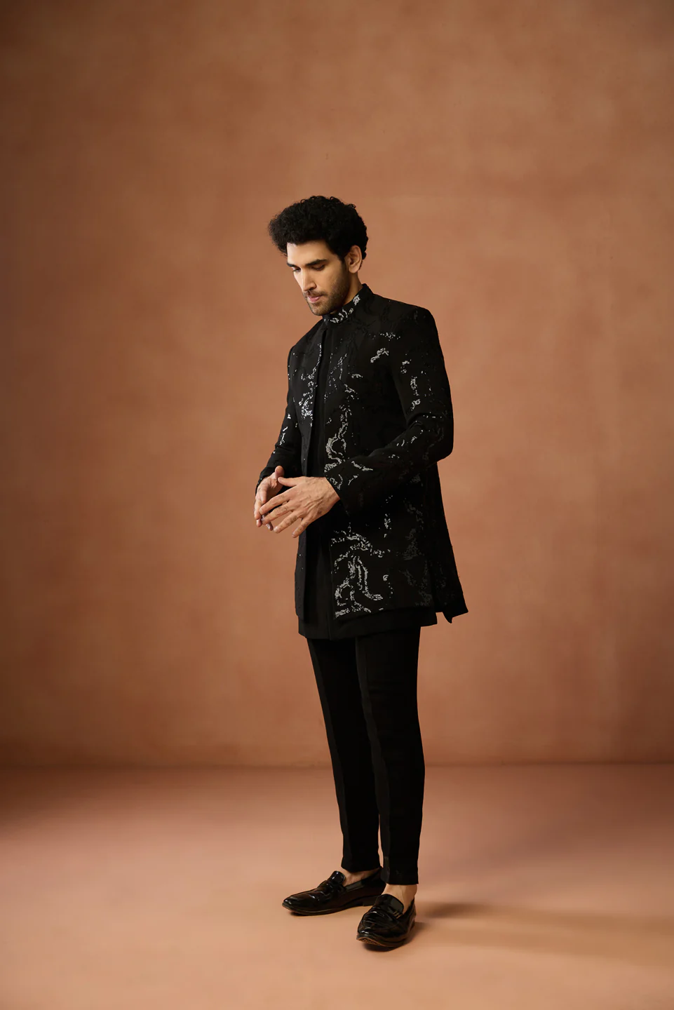 Black Velvet Sequin Short Sherwani Trouser Set - Image 2