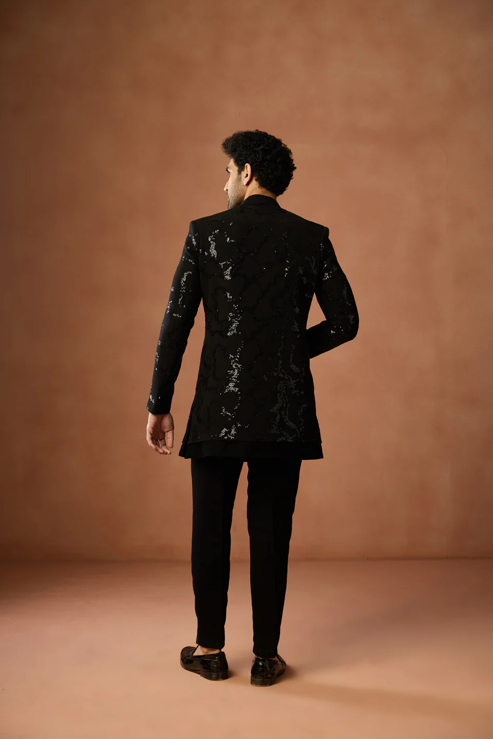 Black Velvet Sequin Short Sherwani Trouser Set - Image 4