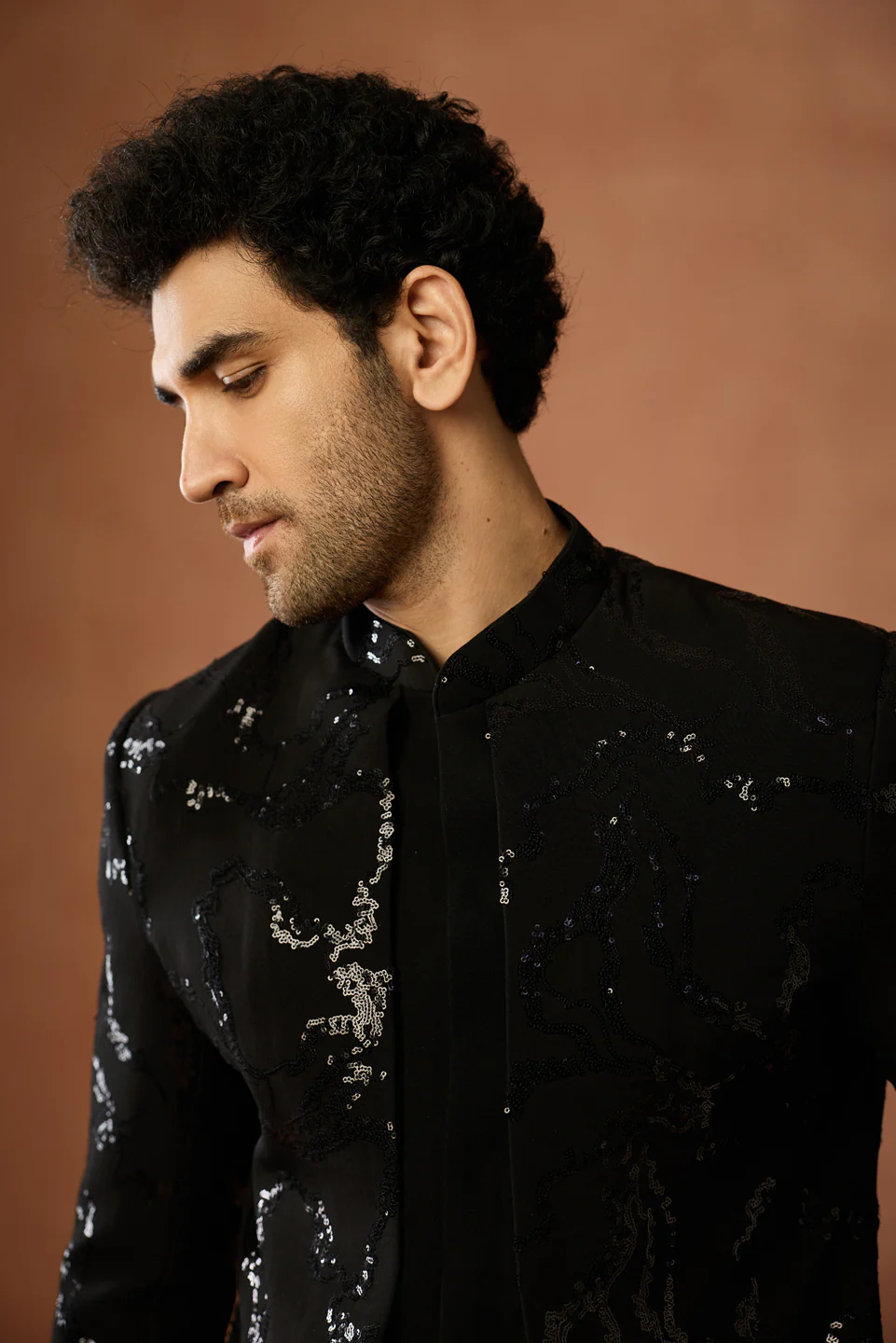 Black Velvet Sequin Short Sherwani Trouser Set - Image 5