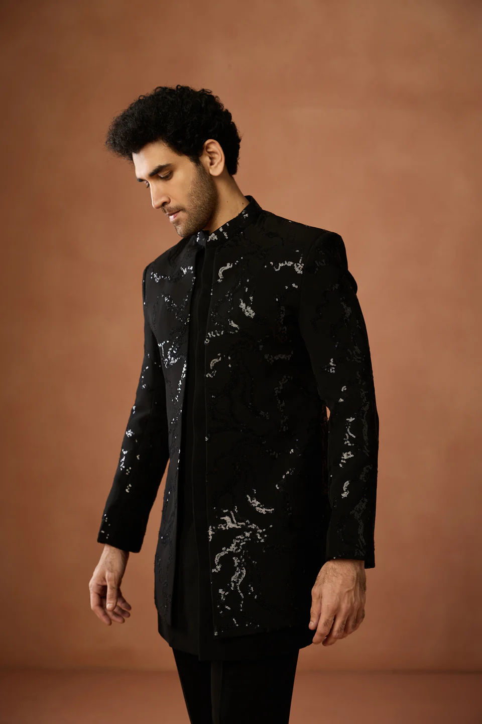 Black Velvet Sequin Short Sherwani Trouser Set - Image 7