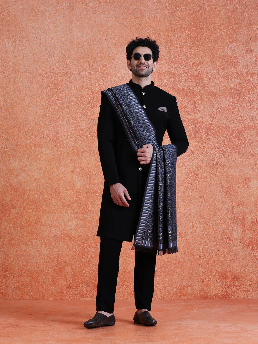 Black Polyester Solid Sherwani Indonesian Trouser Set With Dupatta
