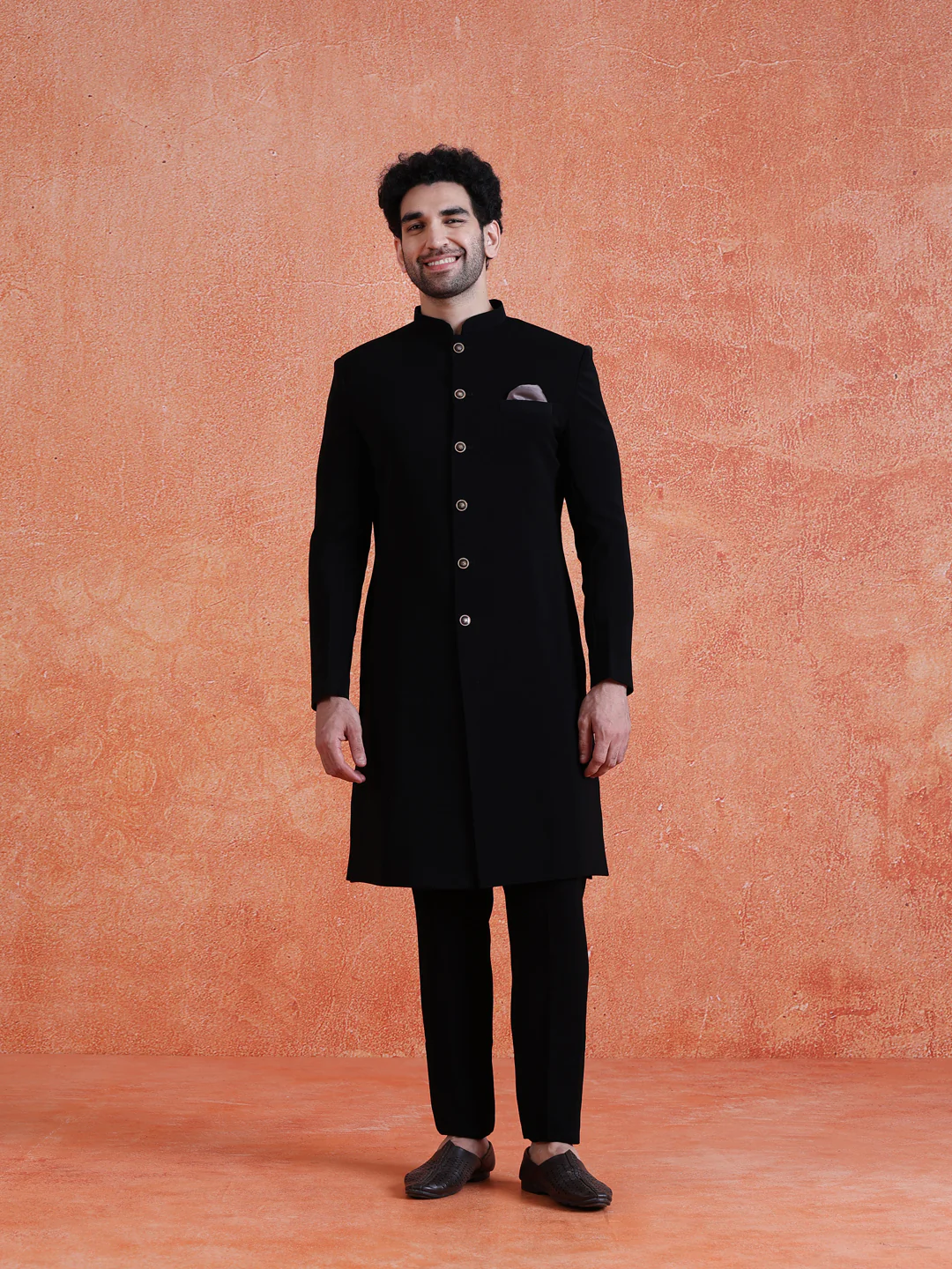 Black Polyester Solid Sherwani Indonesian Trouser Set With Dupatta - Image 11