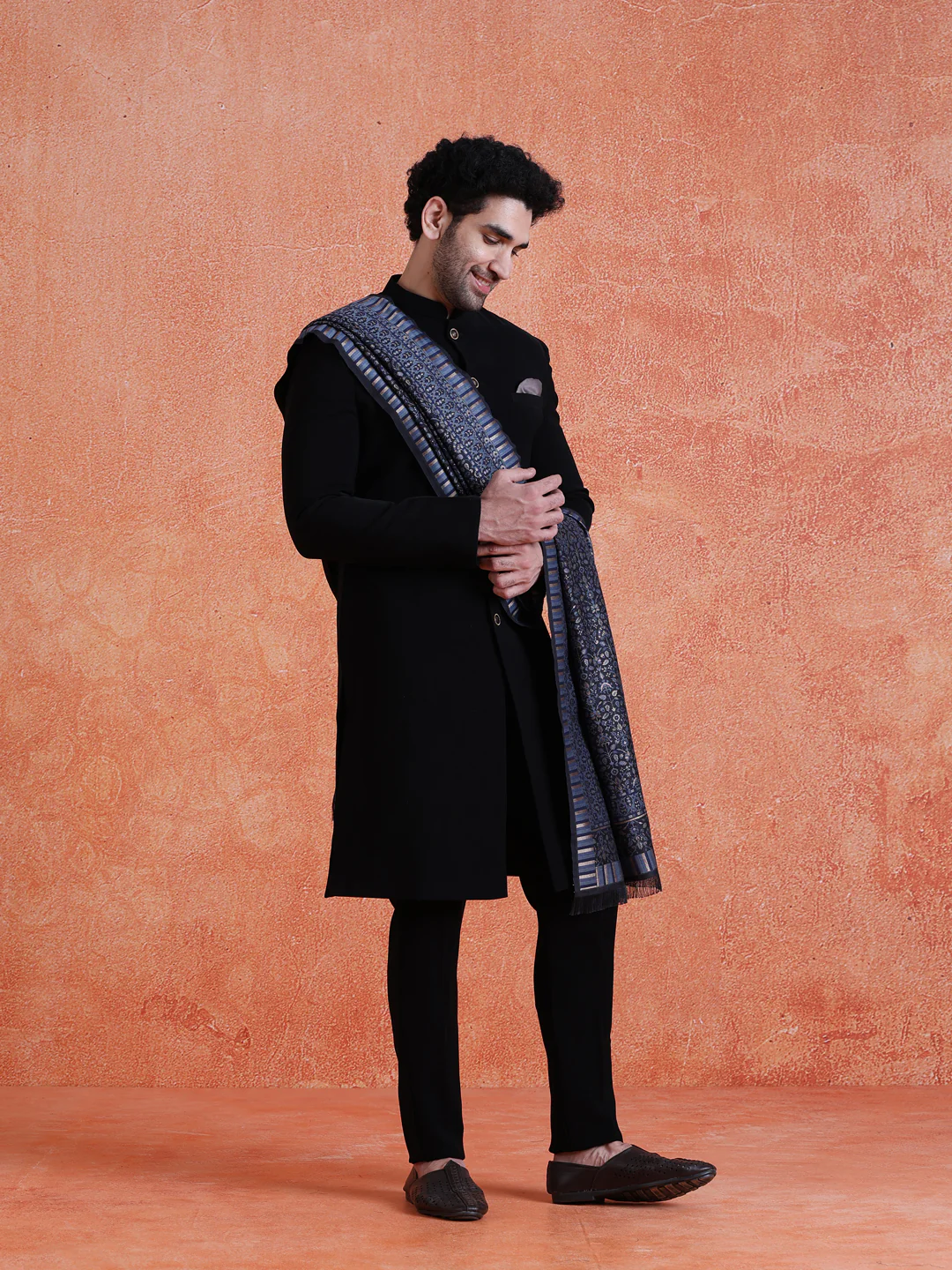 Black Polyester Solid Sherwani Indonesian Trouser Set With Dupatta - Image 2