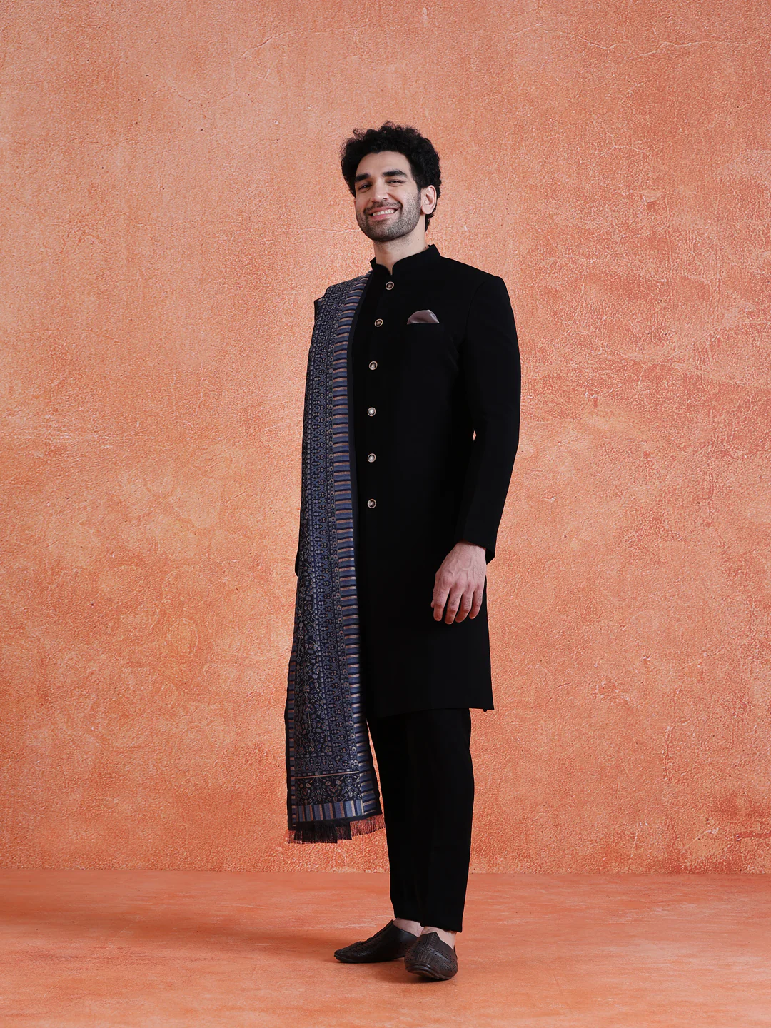 Black Polyester Solid Sherwani Indonesian Trouser Set With Dupatta - Image 3