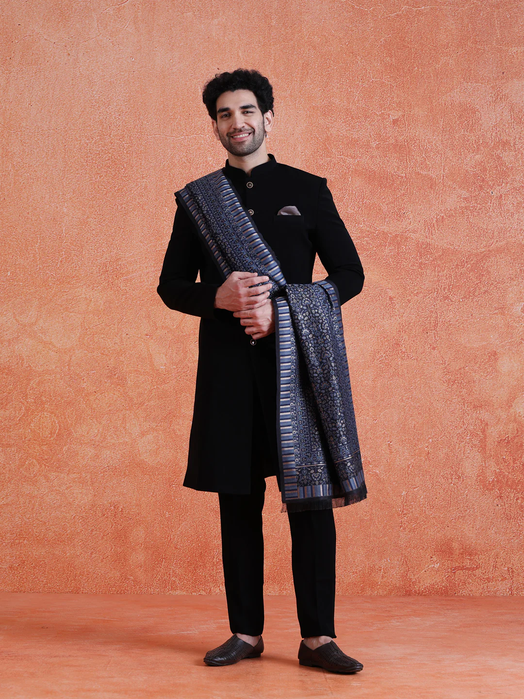 Black Polyester Solid Sherwani Indonesian Trouser Set With Dupatta - Image 8