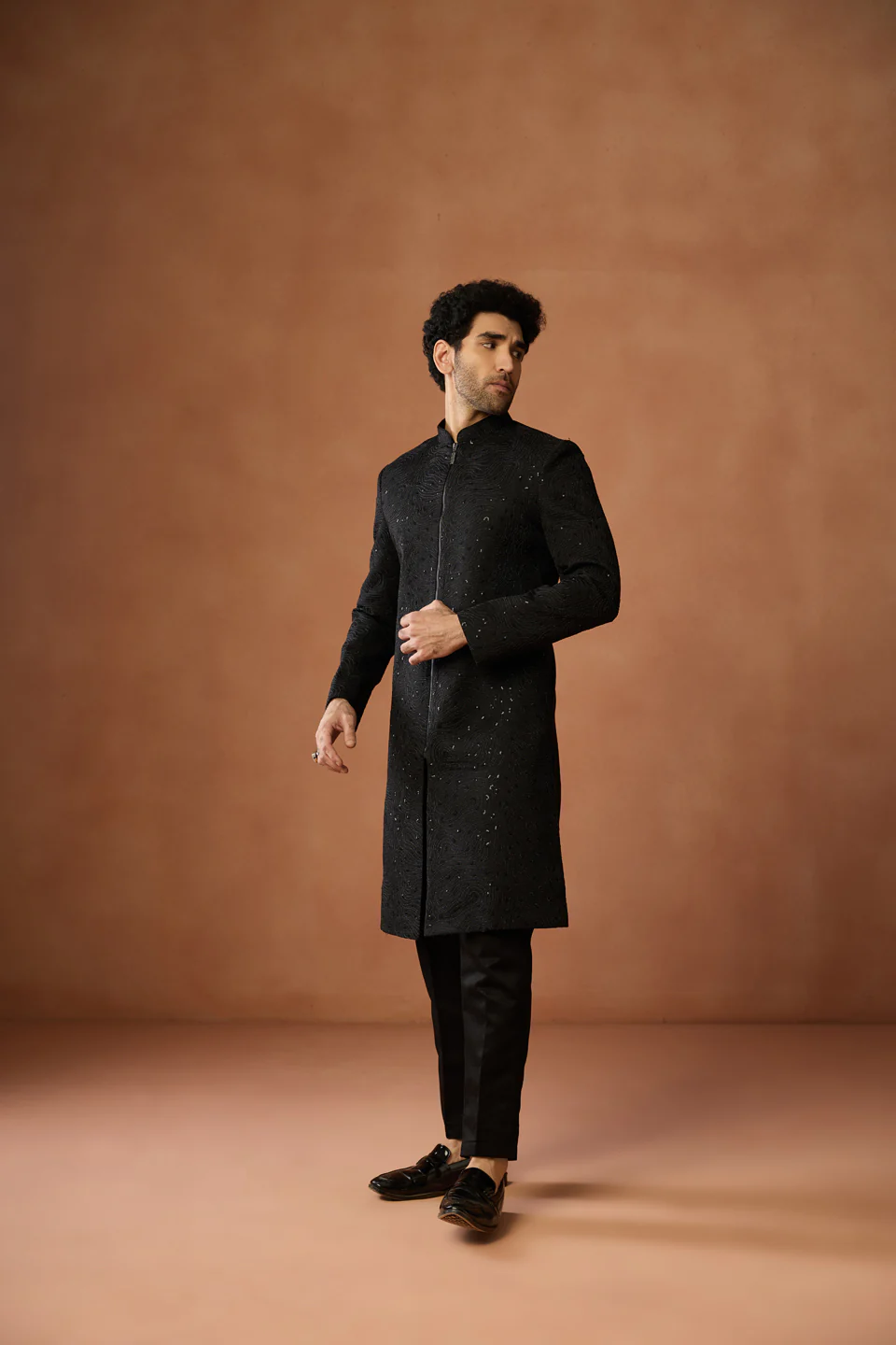 Black Embellished Zipper Sherwani Trouser Set - Image 3