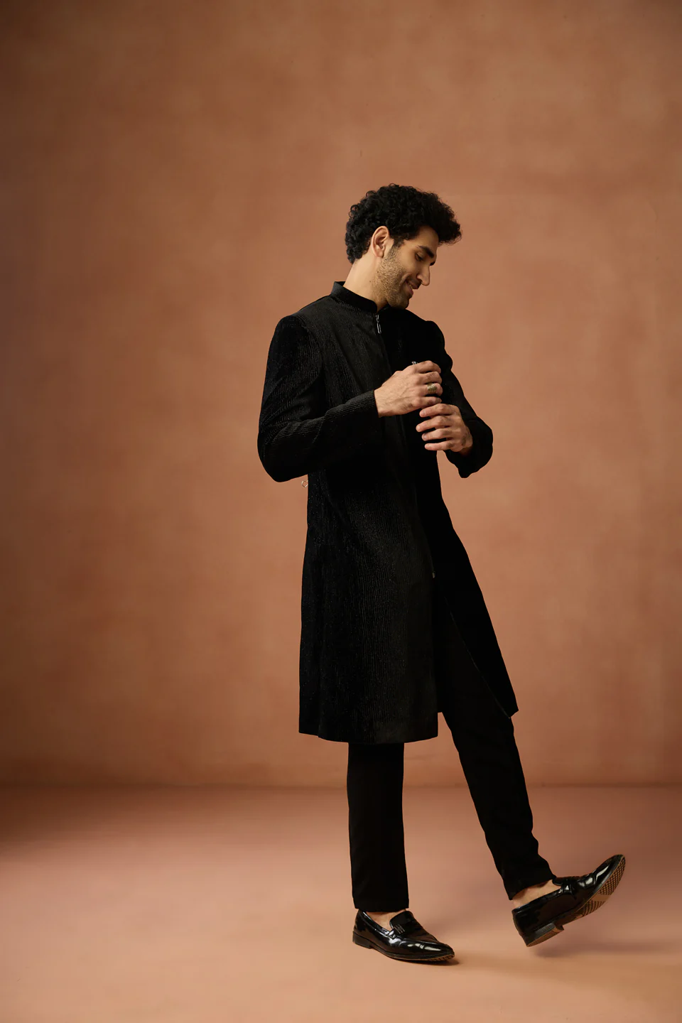Black Velvet Zipper Sherwani Trouser Set