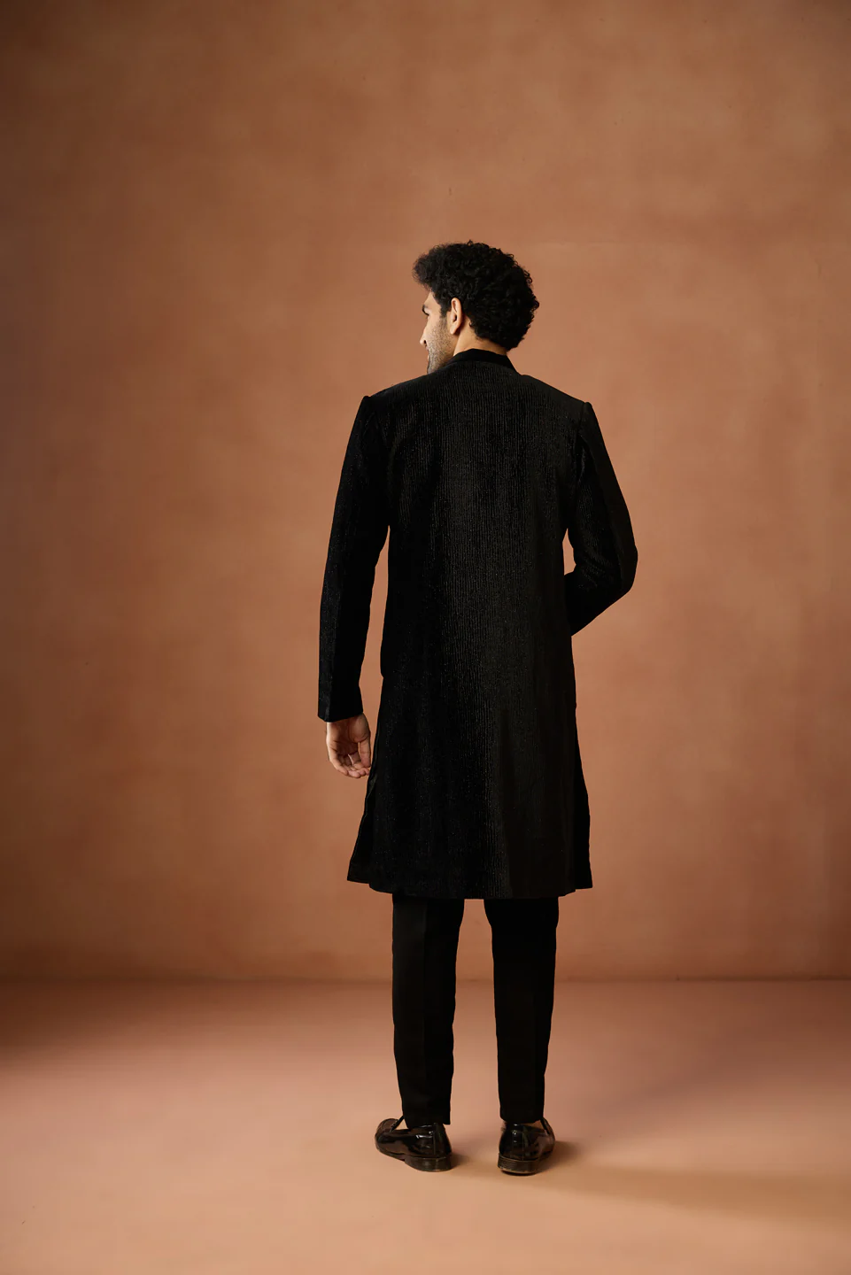 Black Velvet Zipper Sherwani Trouser Set - Image 4