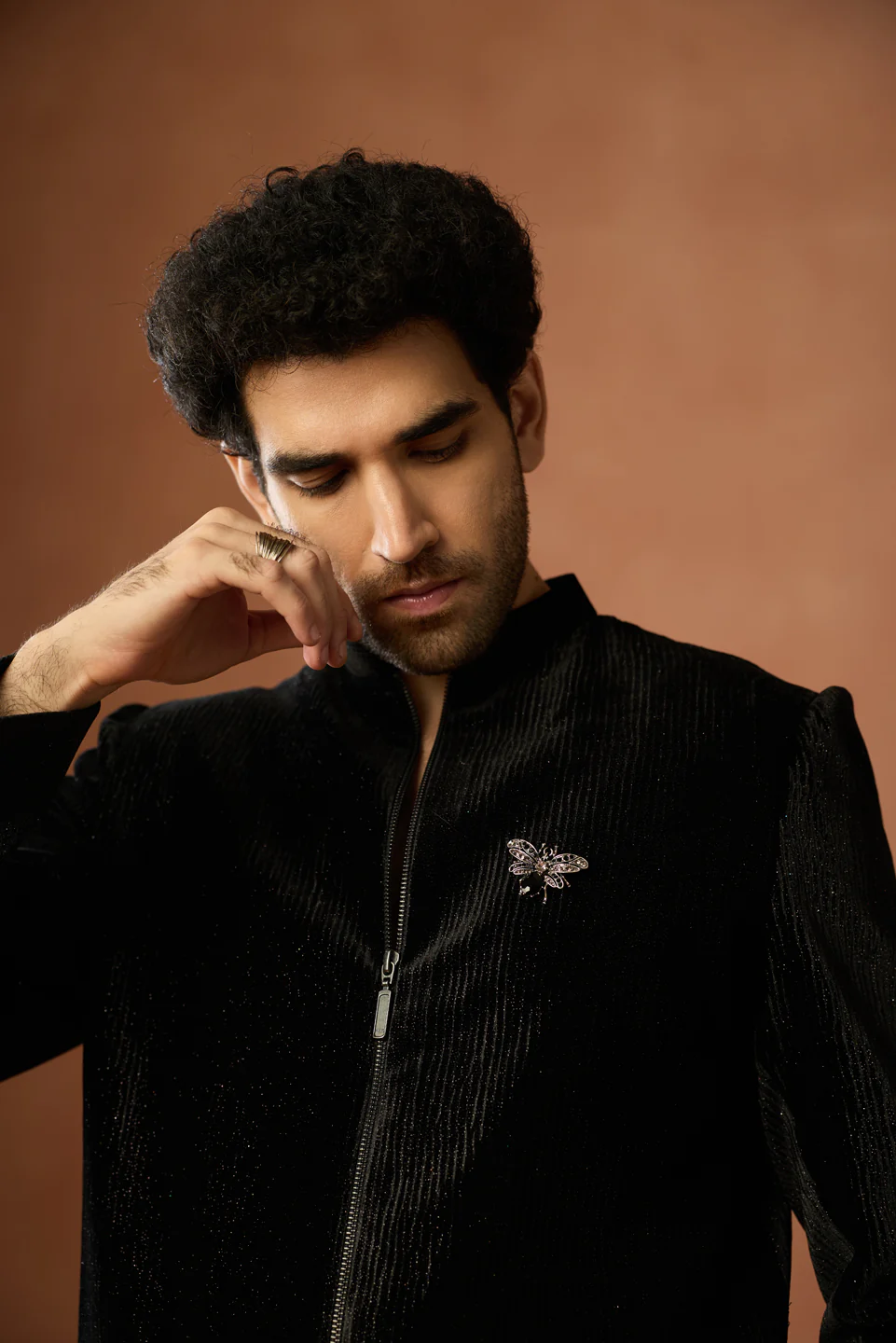 Black Velvet Zipper Sherwani Trouser Set - Image 5