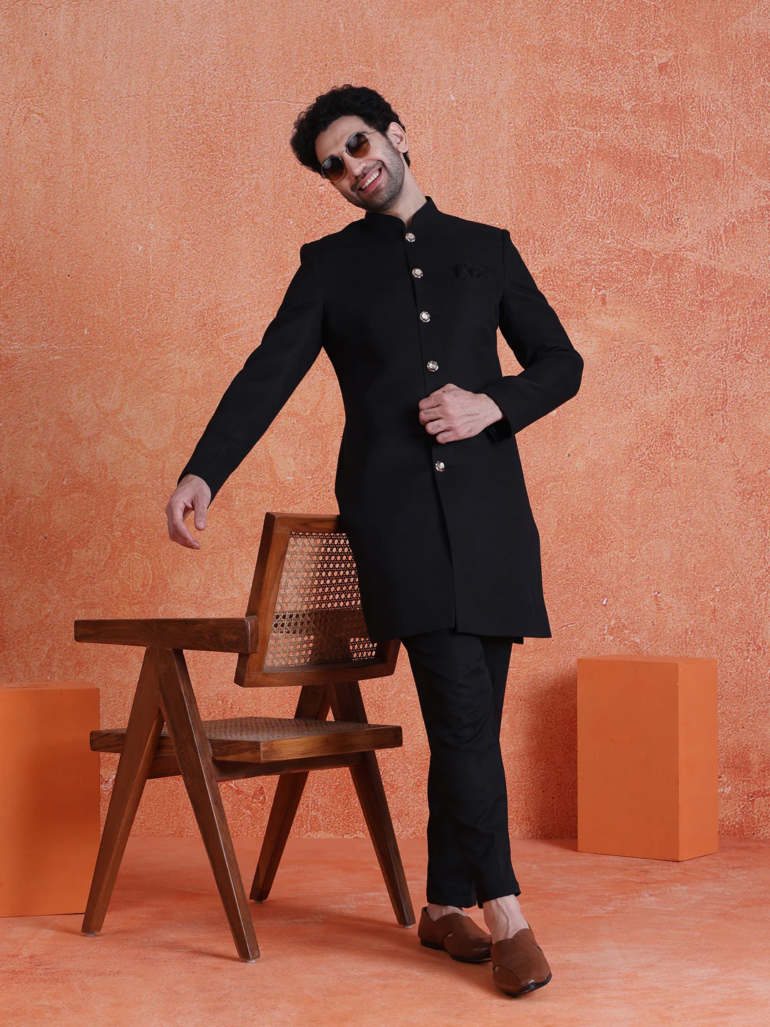 Black Polyviscose Solid Sherwani Trouser Set
