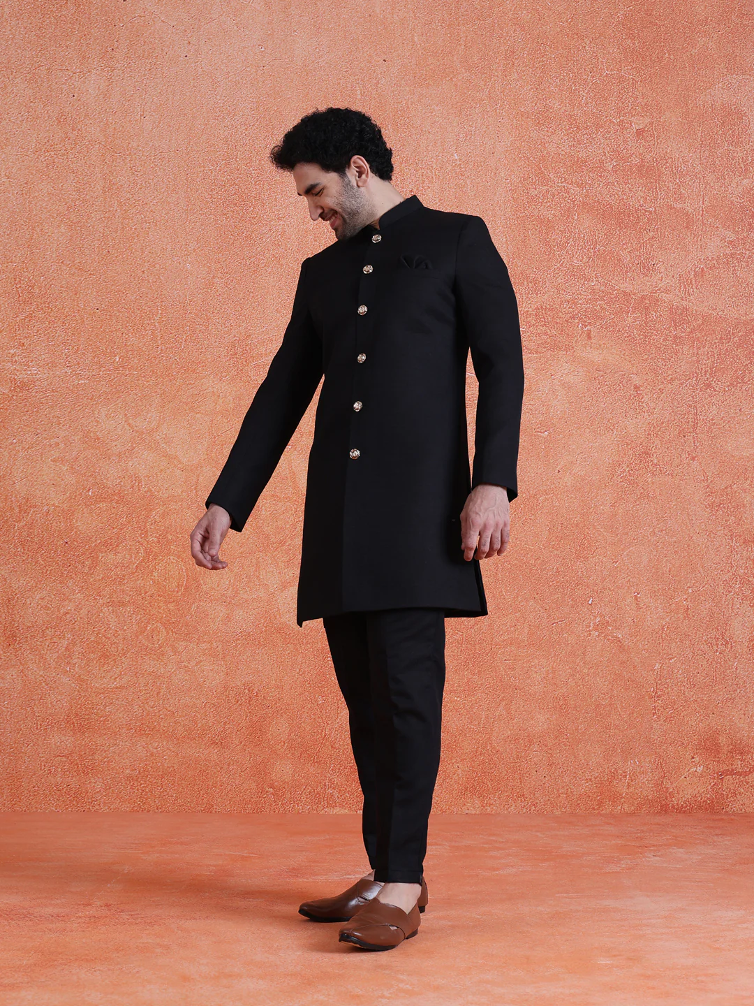 Black Polyviscose Solid Sherwani Trouser Set - Image 2