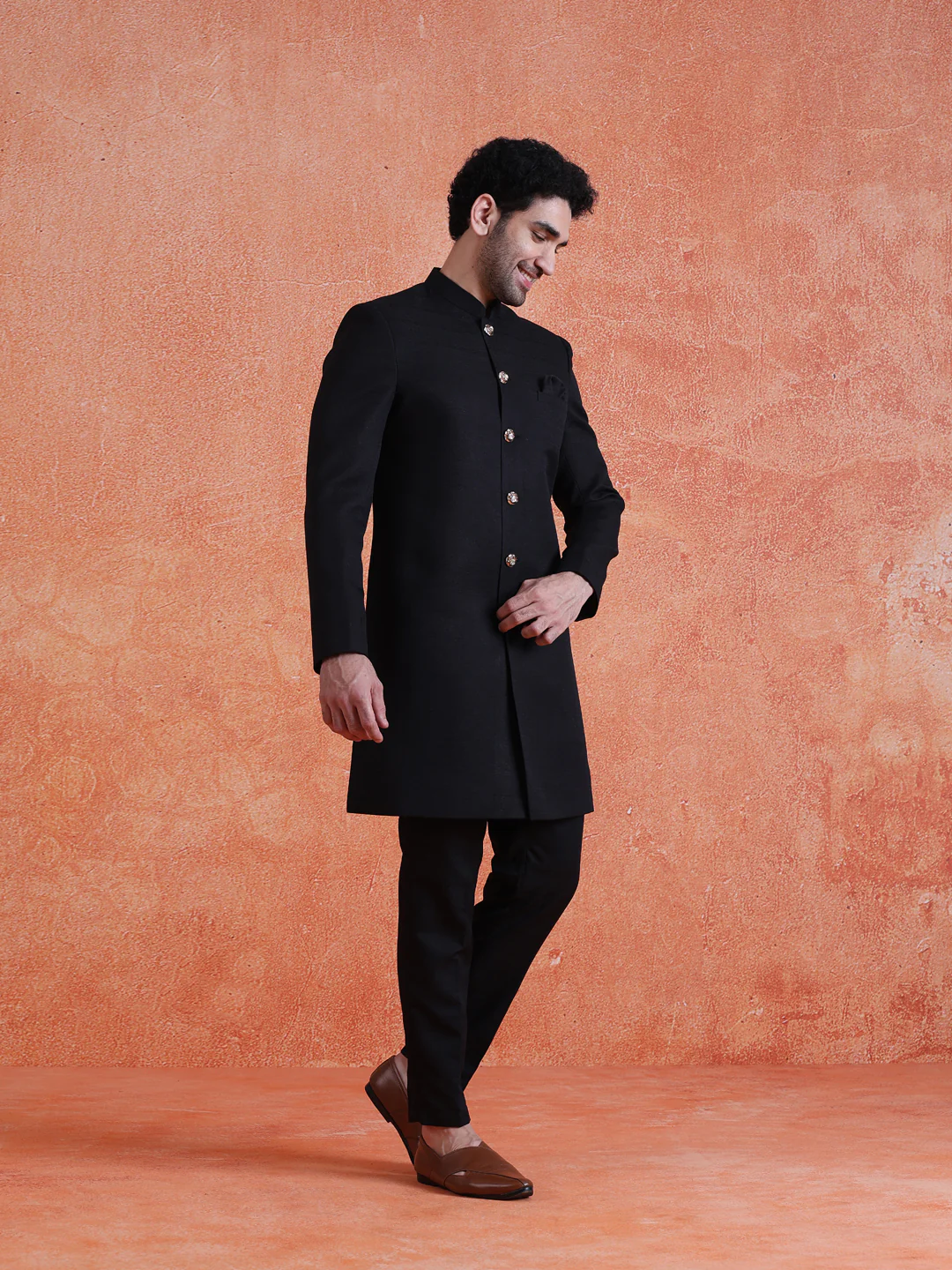 Black Polyviscose Solid Sherwani Trouser Set - Image 3