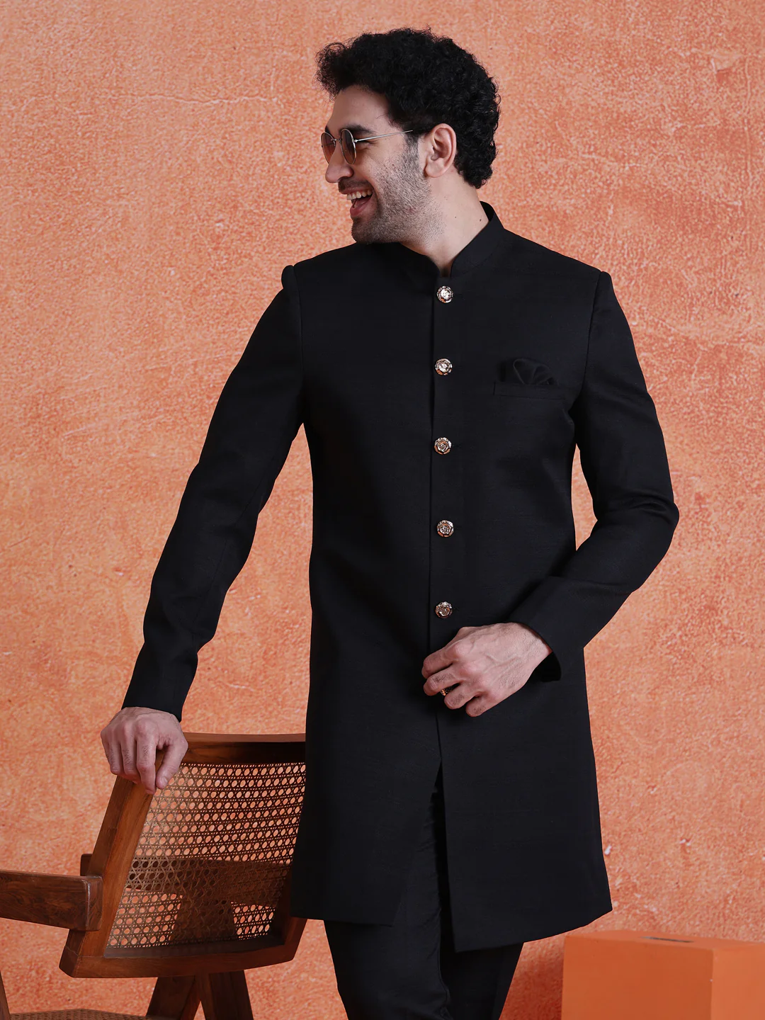 Black Polyviscose Solid Sherwani Trouser Set - Image 8