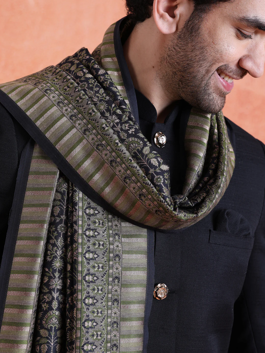 Black Polyviscose Solid Sherwani Trouser Set With Dupatta - Image 10