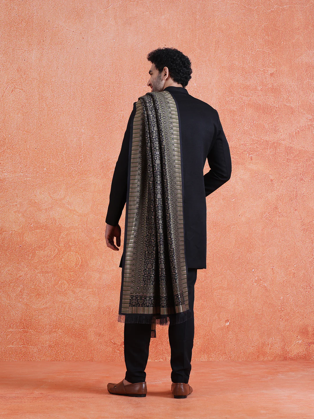 Black Polyviscose Solid Sherwani Trouser Set With Dupatta - Image 4