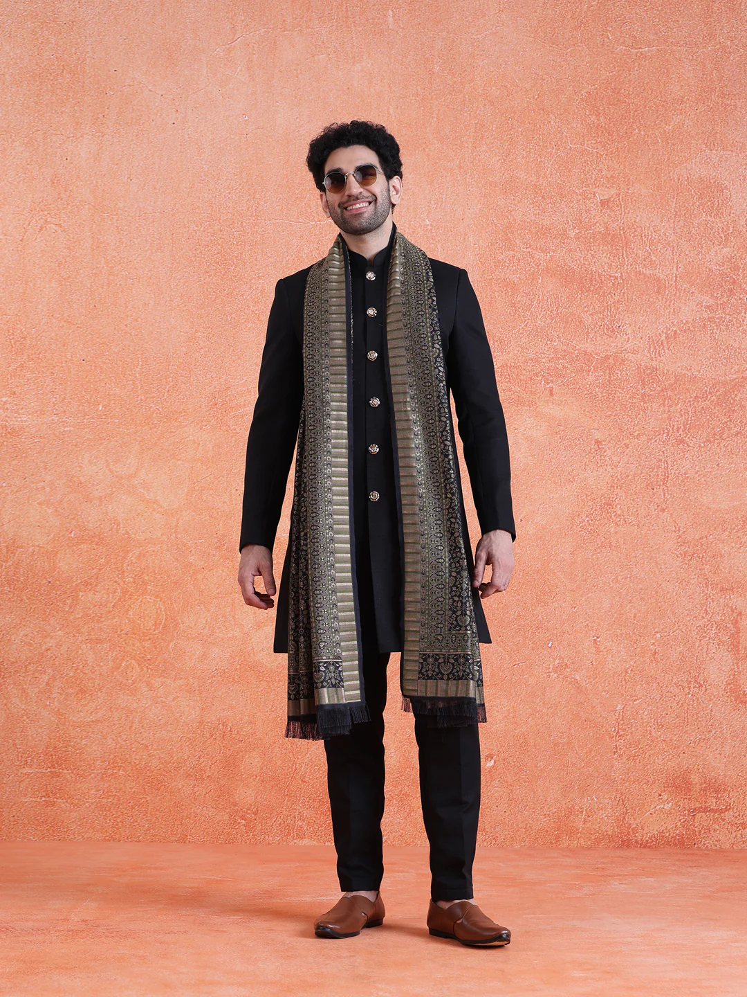 Black Polyviscose Solid Sherwani Trouser Set With Dupatta - Image 7