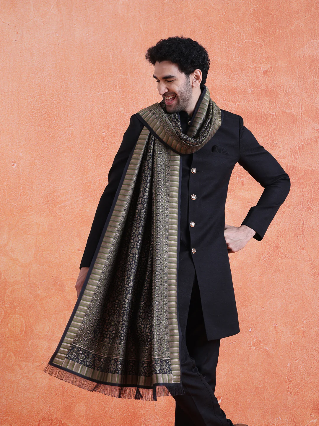 Black Polyviscose Solid Sherwani Trouser Set With Dupatta - Image 9