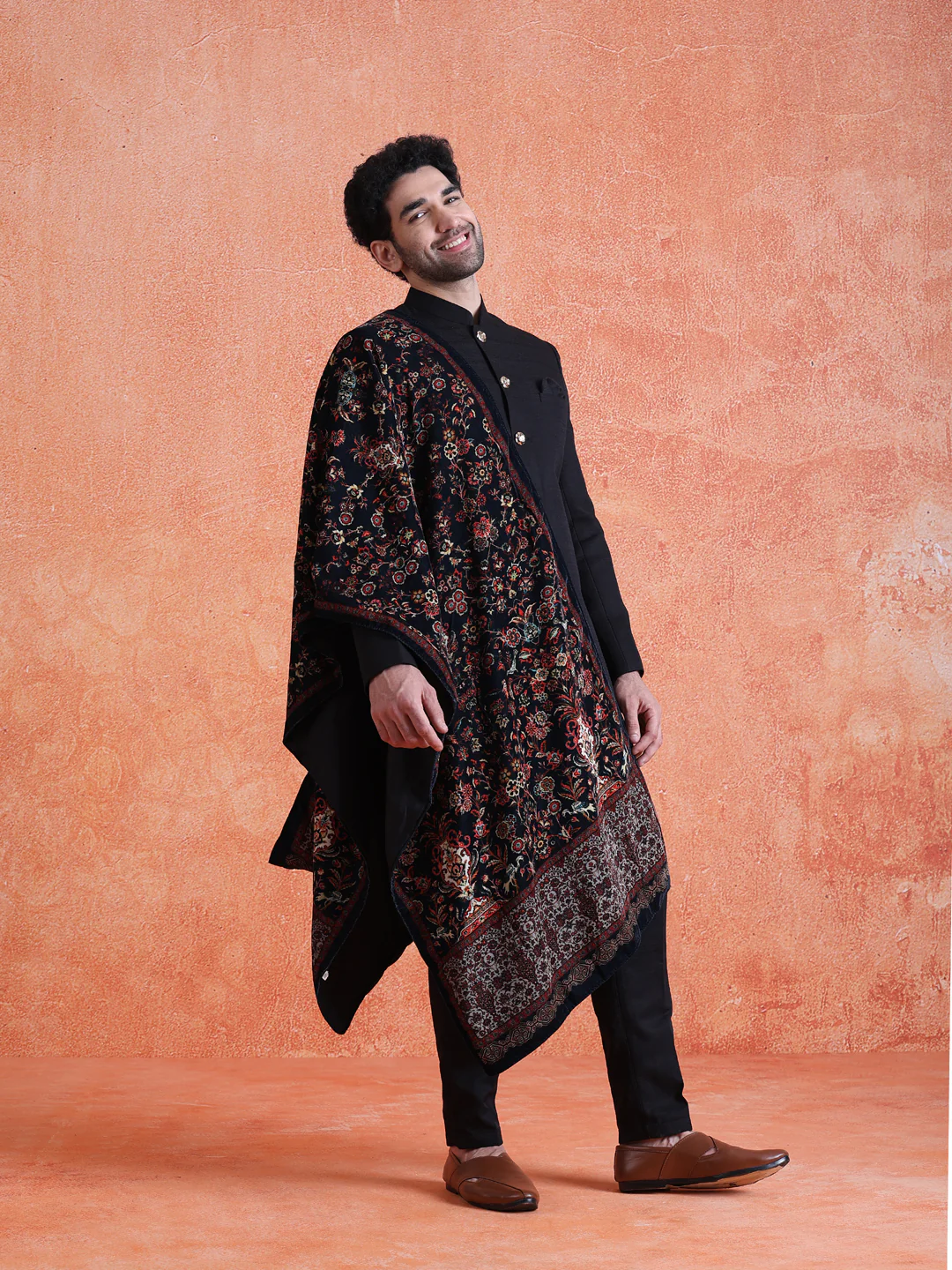 Black Polyviscose Solid Sherwani Trouser Set with Printed Velvet Dupatta - Image 2