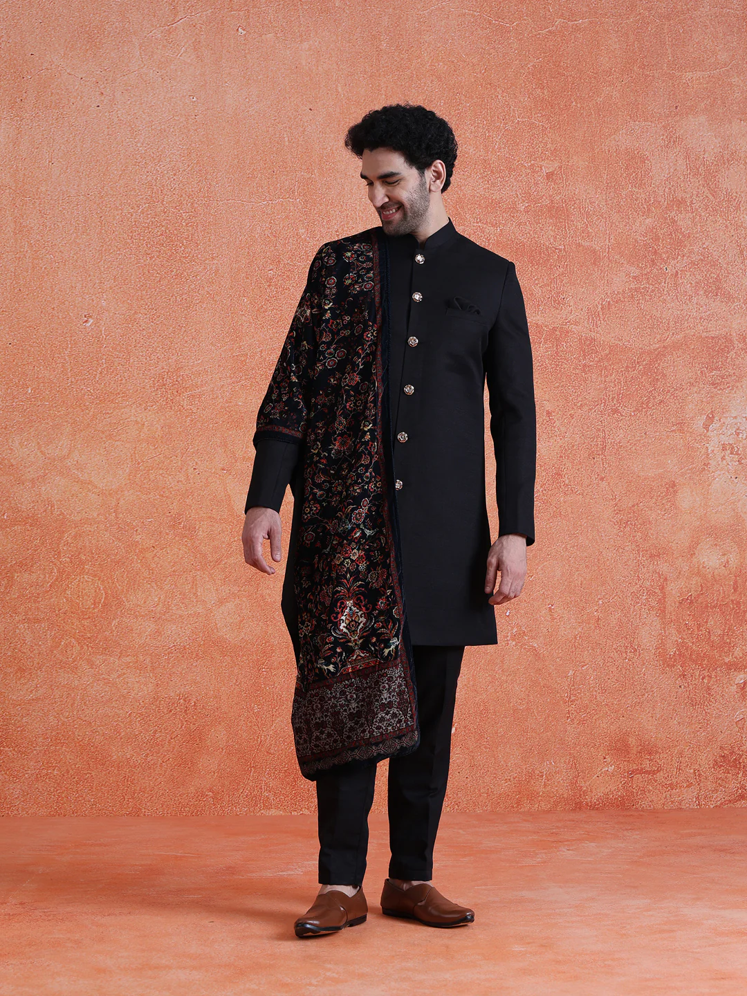 Black Polyviscose Solid Sherwani Trouser Set with Printed Velvet Dupatta - Image 3