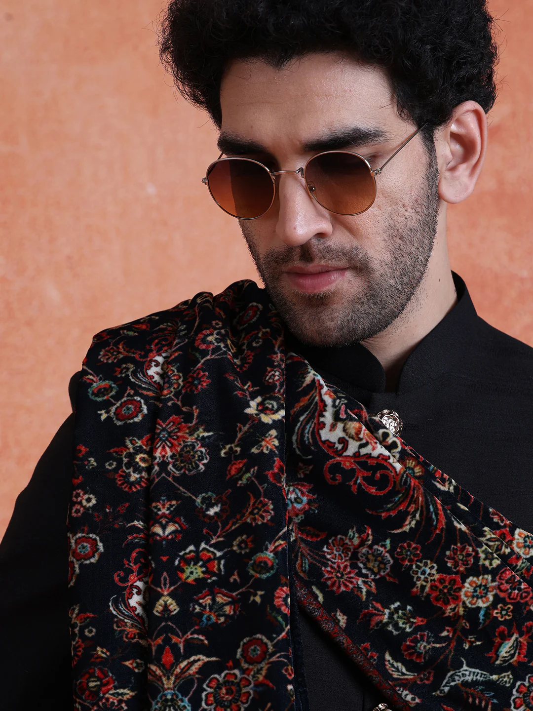 Black Polyviscose Solid Sherwani Trouser Set with Printed Velvet Dupatta - Image 5