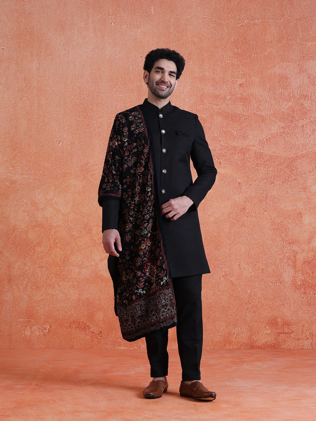 Black Polyviscose Solid Sherwani Trouser Set with Printed Velvet Dupatta - Image 8