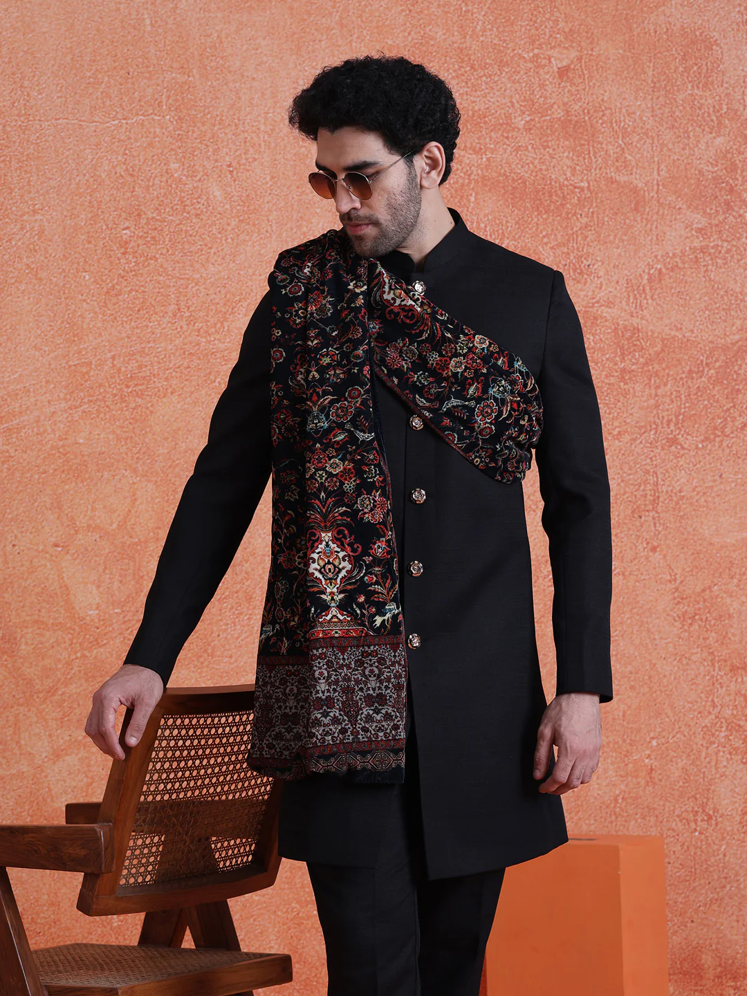 Black Polyviscose Solid Sherwani Trouser Set with Printed Velvet Dupatta - Image 9