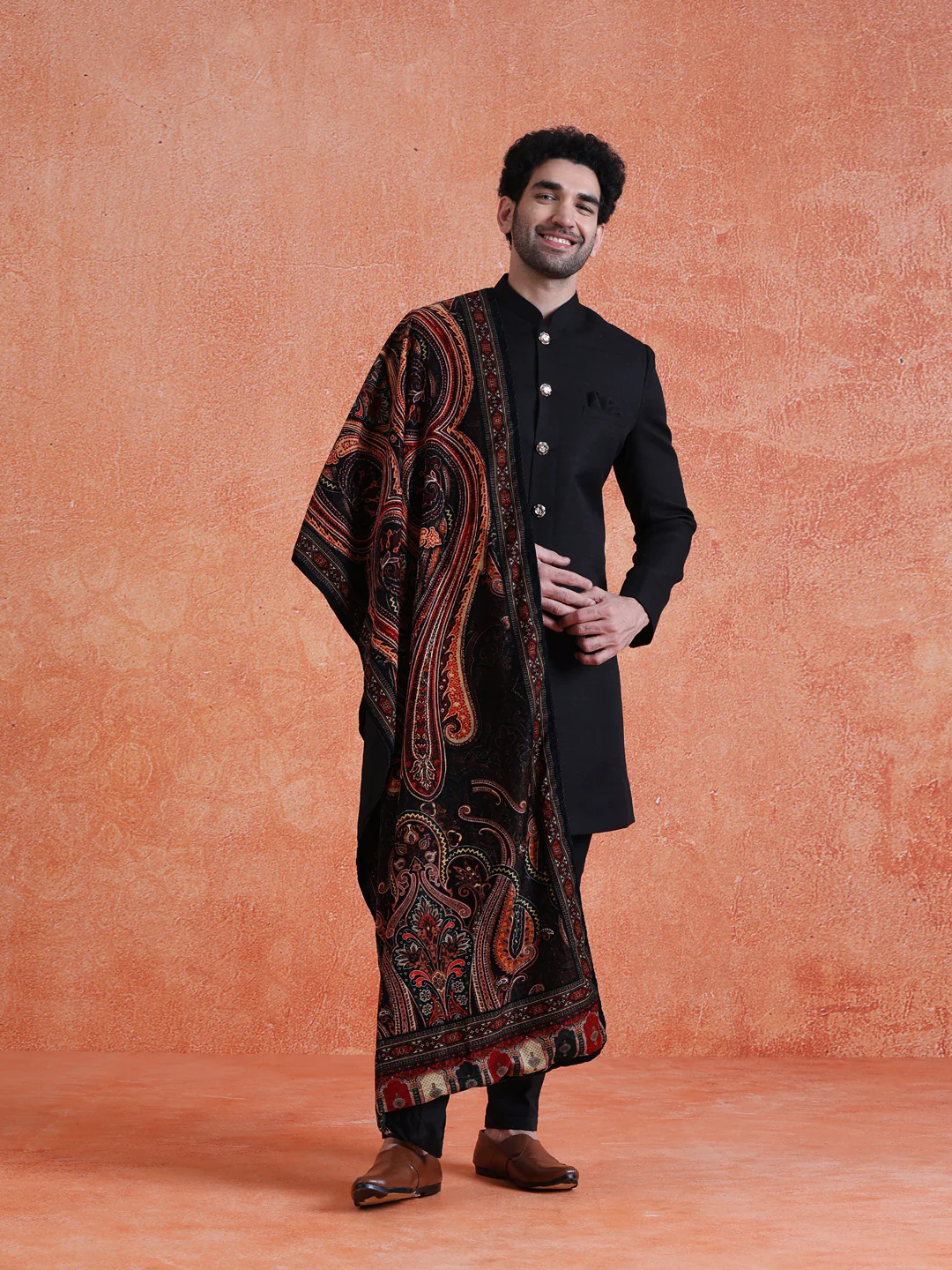 Black Polyviscose Solid Sherwani Trouser Set With Velvet Dupatta - Image 8