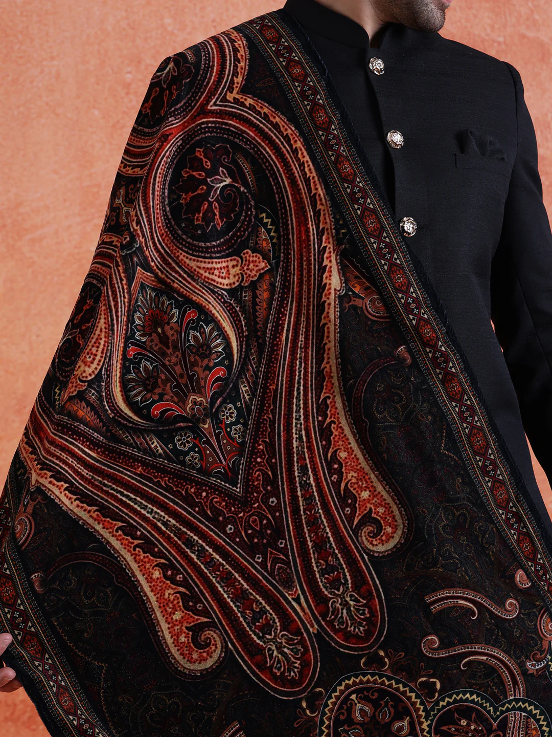 Black Polyviscose Solid Sherwani Trouser Set With Velvet Dupatta - Image 9